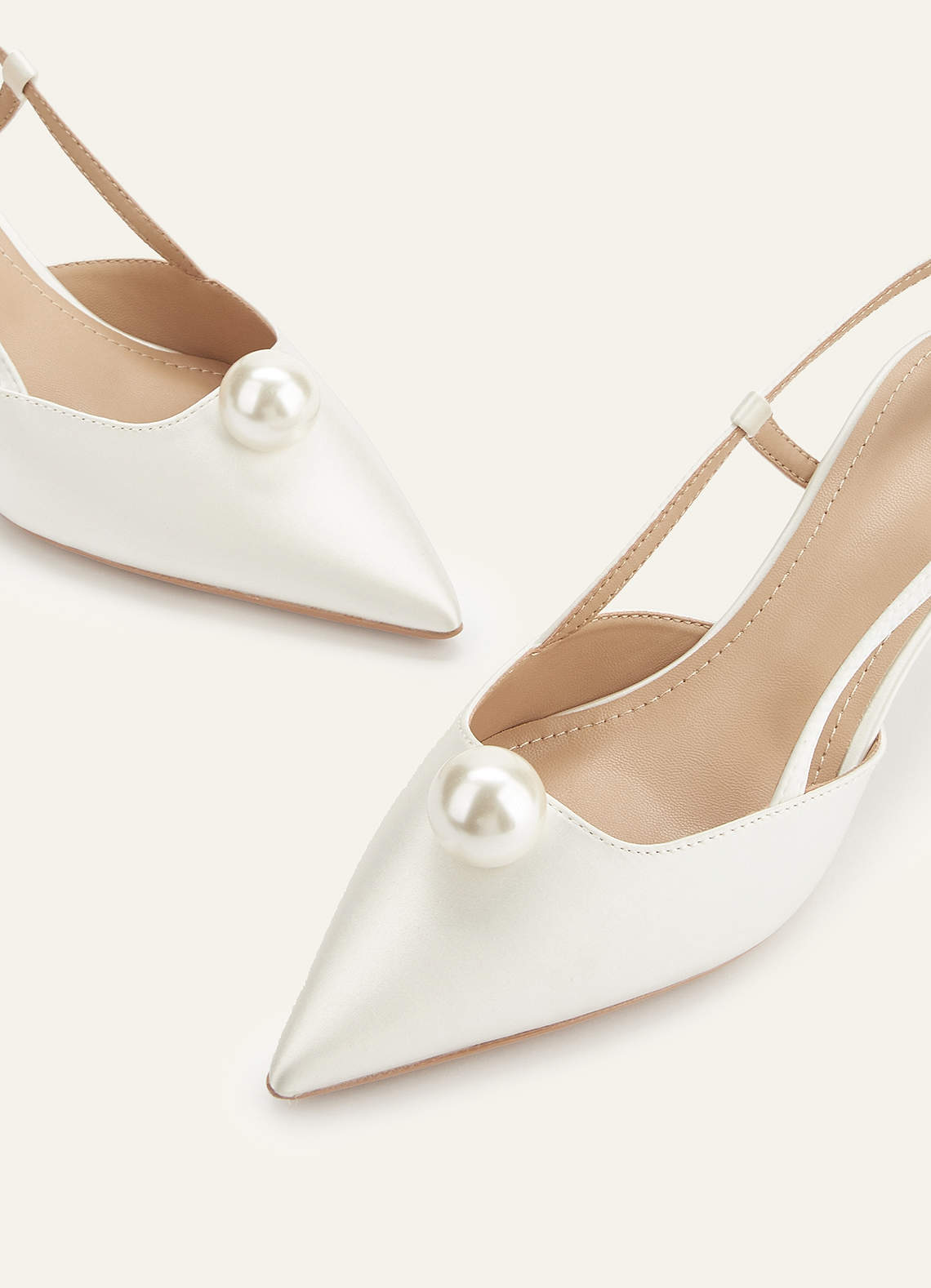 front Satin Pearl Pointed Toe Kitten Heel