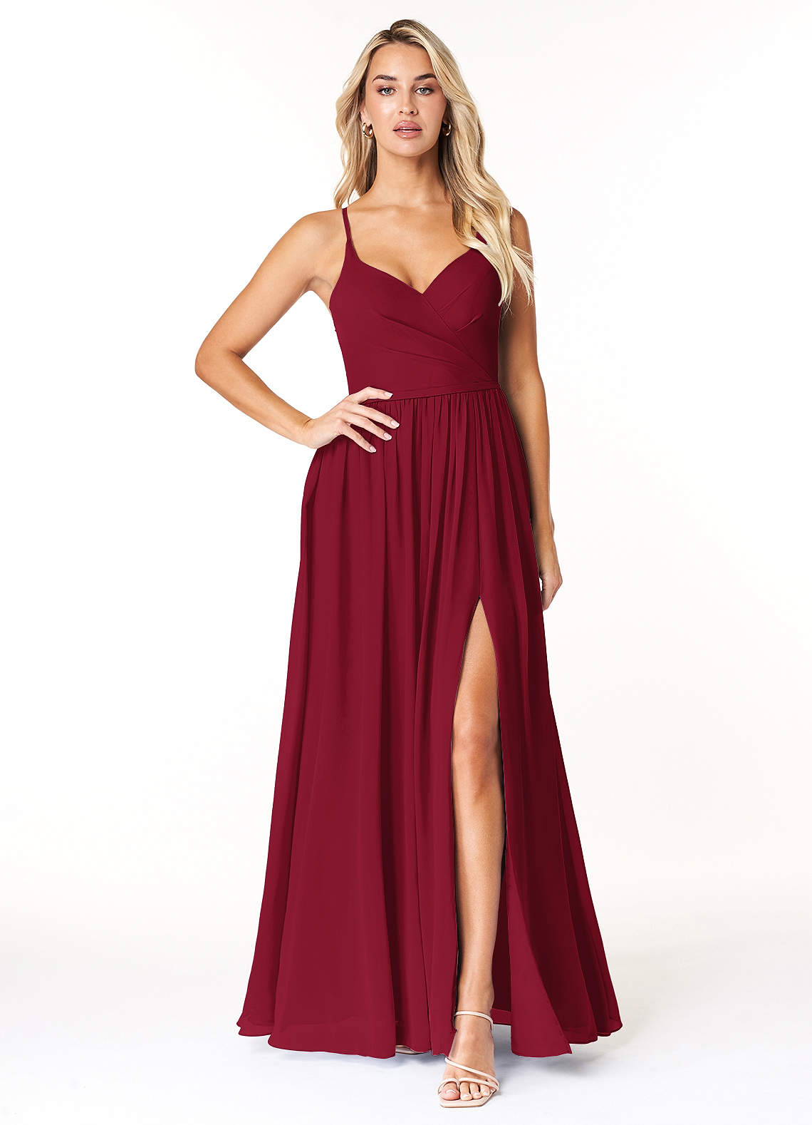 Azazie Dominic Bridesmaid Dresses Burgundy A-Line V-Neck Pleated Chiffon Dress image1