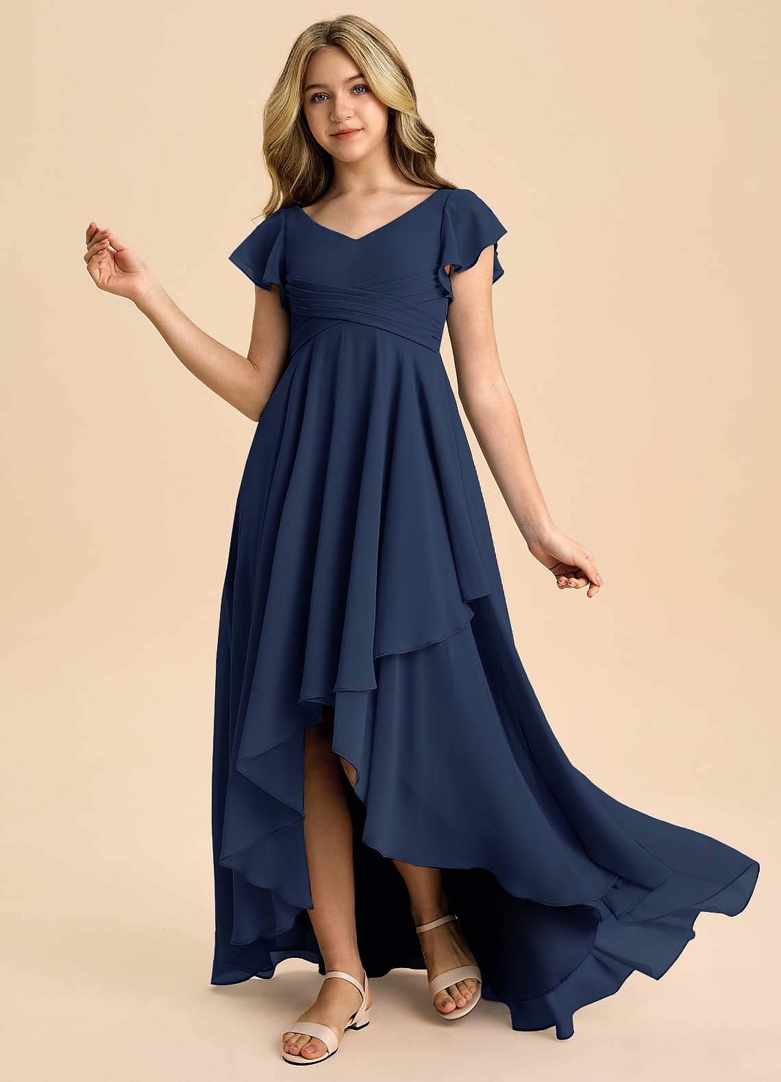 navy blue chiffon junior bridesmaid dresses Long A-Line Jewel Neck Chiffon Junior Bridesmaid Dress
