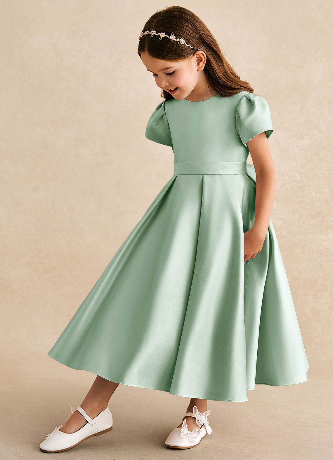 Azazie A-Line/Princess Scoop Neck Tea-Length Matte Satin Flower Girl Dresses - Agave