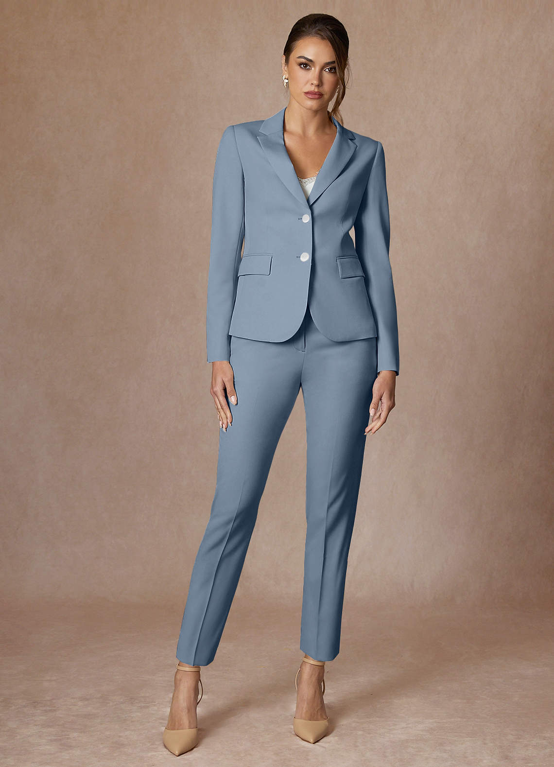 front Whitney Dusty Blue Structured Stretch Full Length Pants Suit