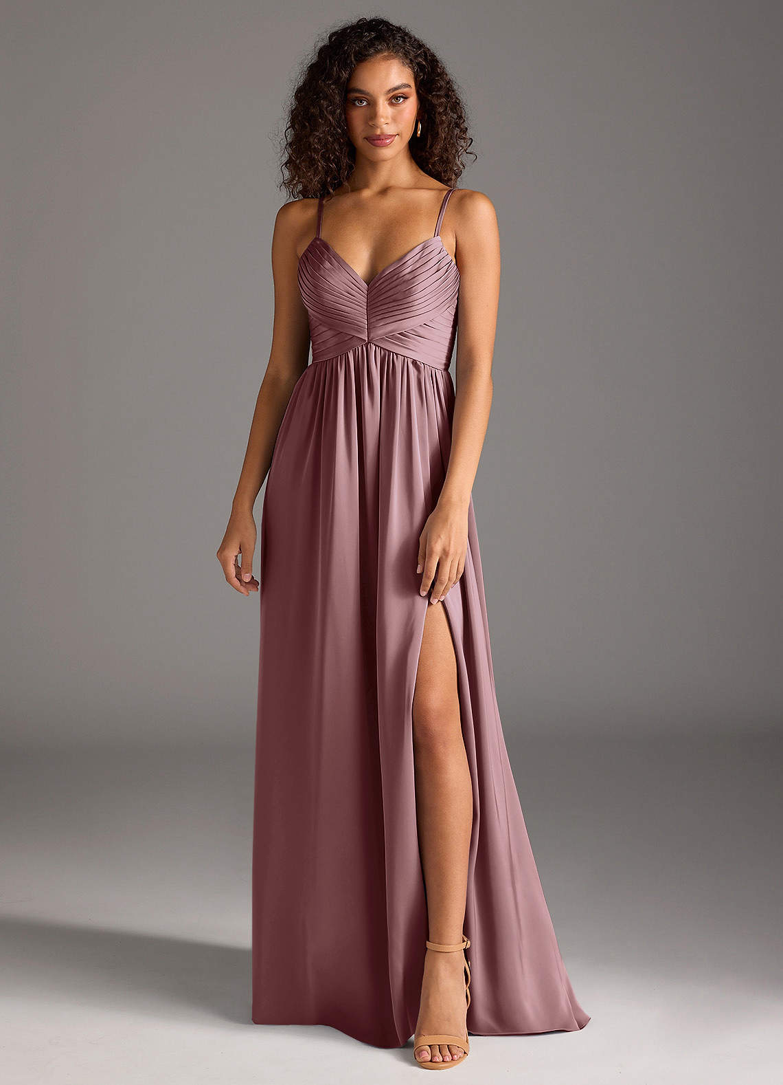 Azazie Alia Bridesmaid Dresses Vintage Mauve A-Line Pleated Stretch Satin Dress image1