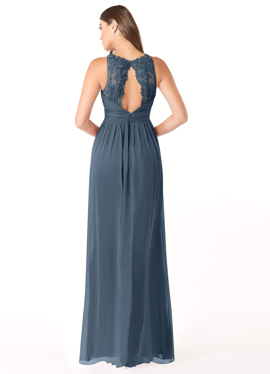 slate blue lace bridesmaid dress Slate Blue Chiffon Ruffled Slit Strappy Back Long Dress