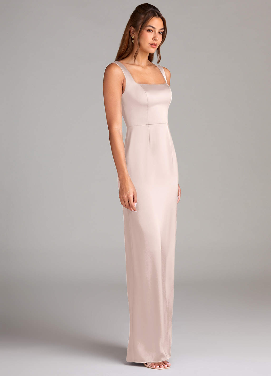 Azazie Flori Bridesmaid Dresses Blushing Pink Sheath Side Slit Stretch Satin Dress image2