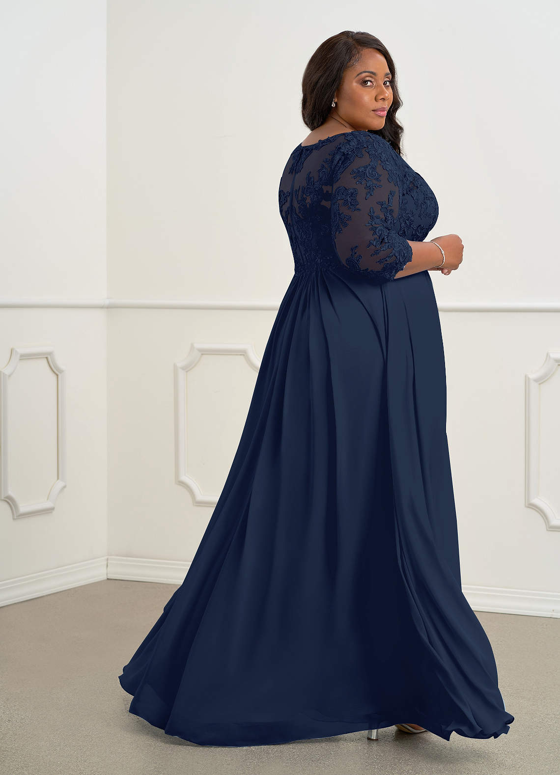 Azazie Hayek Mother of the Bride Dresses Dark Navy A-Line V-Neck Lace Chiffon Dress image9