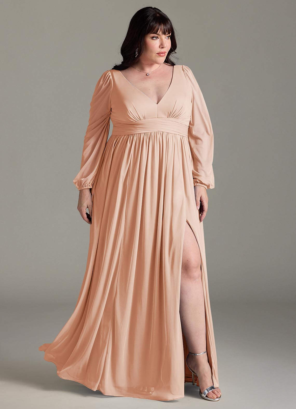 Azazie Norah Bridesmaid Dresses English Rose A-Line V-Neck Long Sleeve Chiffon Dress image8