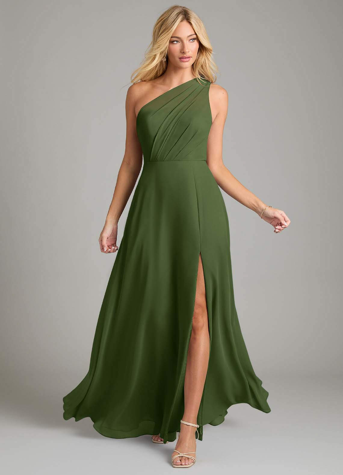 Azazie Phaedra Bridesmaid Dresses Olive A-Line One Shoulder Chiffon Dress image3