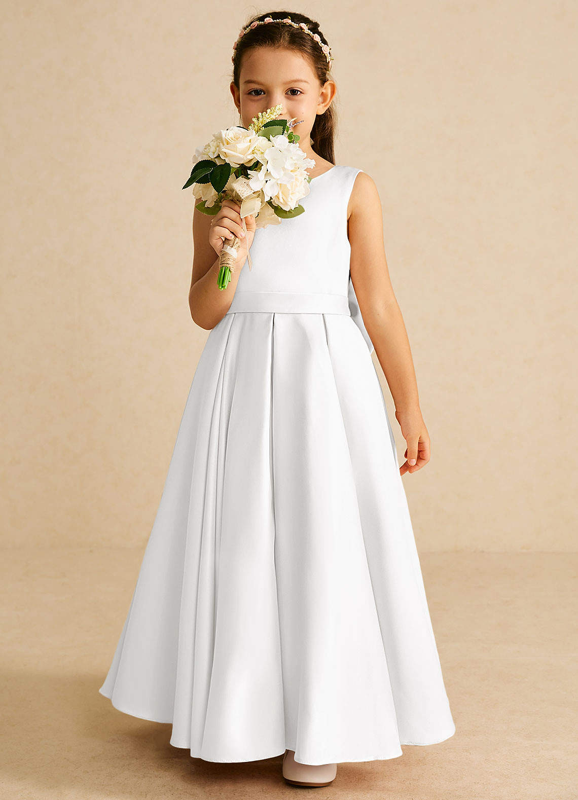 Azazie Pipsy Flower Girl Dresses White A-Line Bow Matte Satin Dress image4