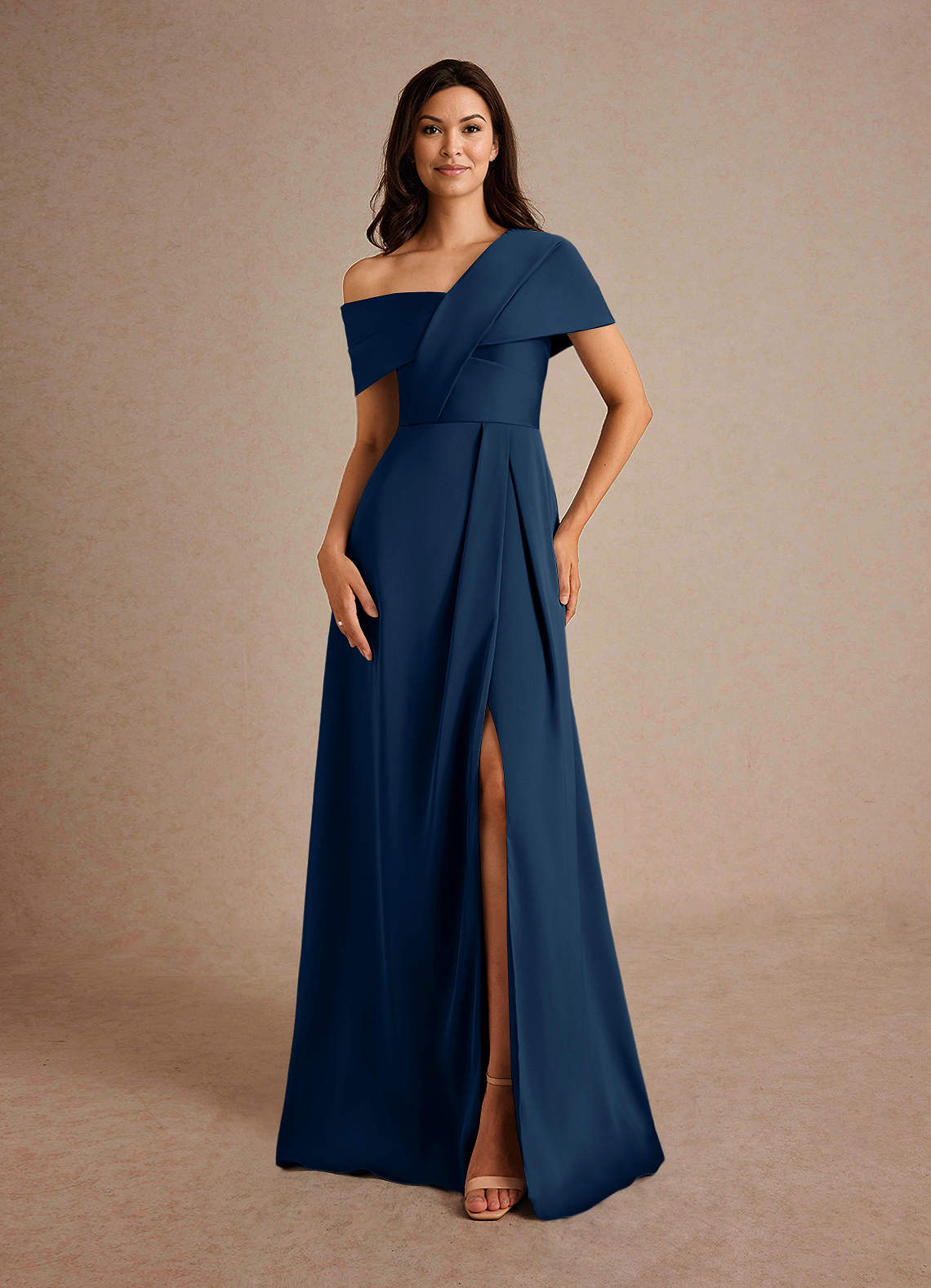 Azazie Milton Mother of the Bride Dresses Dark Navy A-Line Pleated Stretch Satin Dress image4