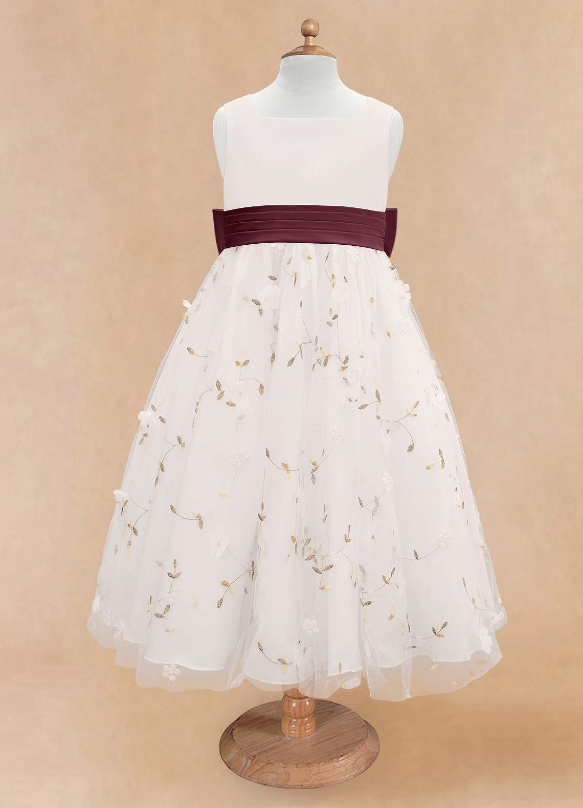 Azazie Pollie Flower Girl Dresses Ivory Cabernet A-Line Bow Tulle Dress image10