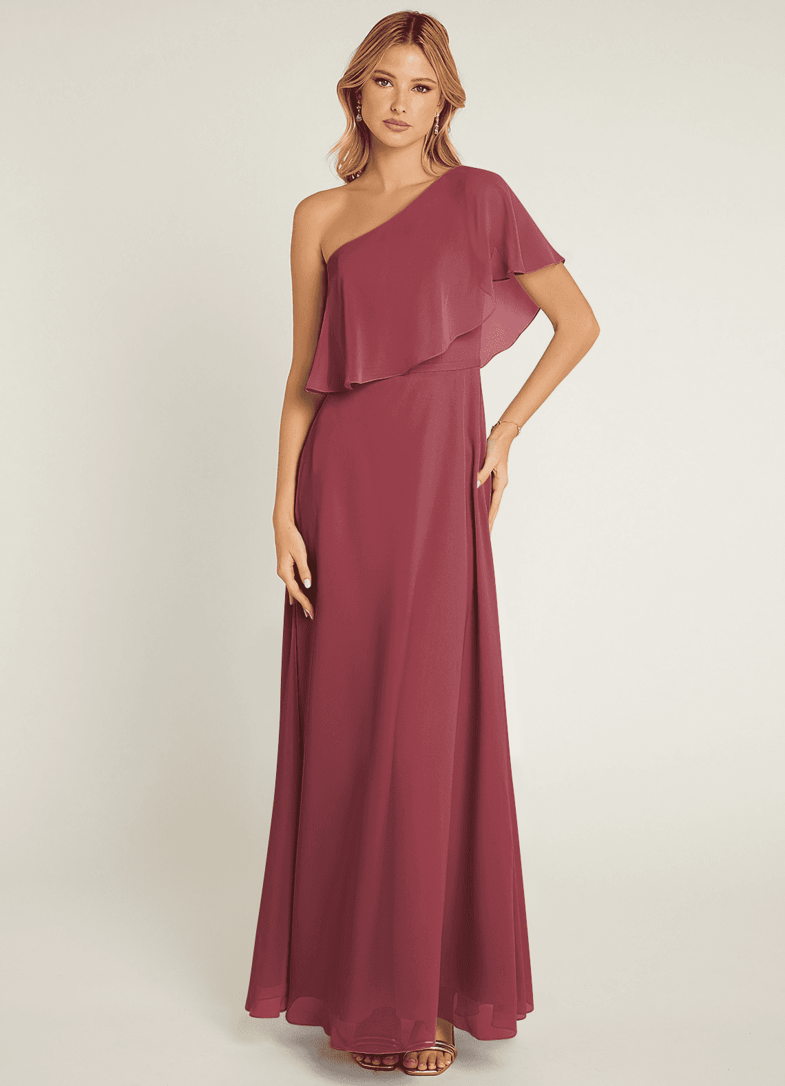 Azazie Lizzy Vestidos de damas de honor Vestido de Merlot de Gasa de Corte en A con Hombro unilateral image1