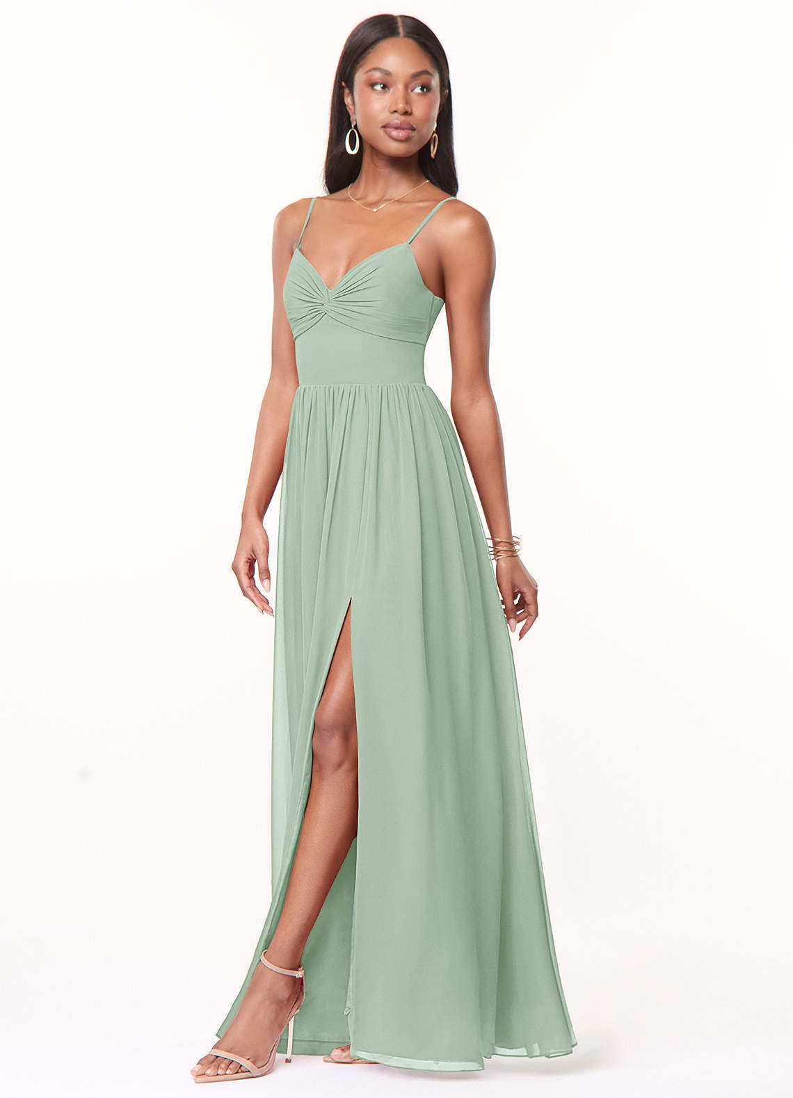 Azazie Zeya Bridesmaid Dresses Agave A-Line V-Neck Pleated Chiffon Dress image3