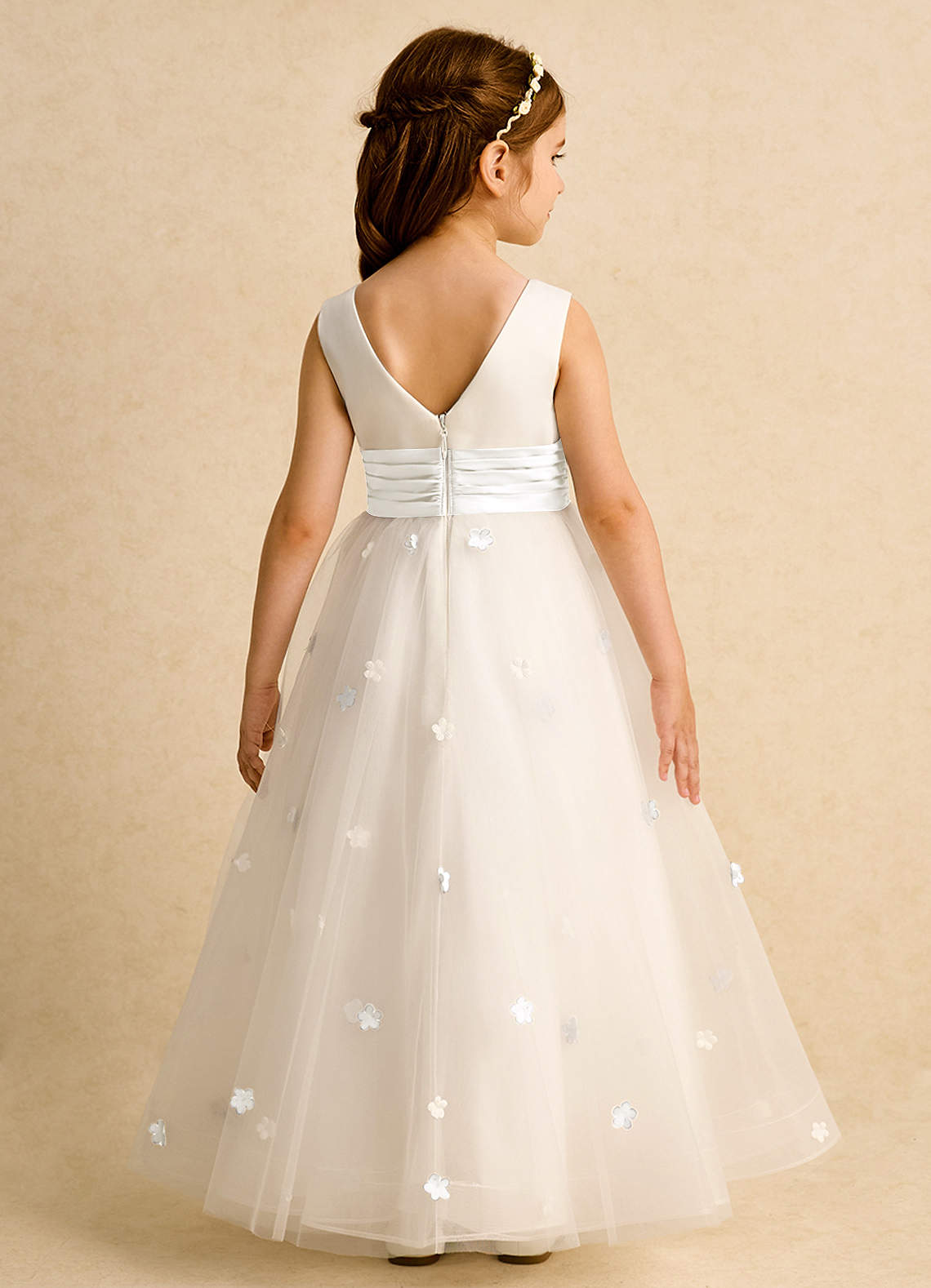 Azazie Cricket Flower Girl Dresses Ivory Ball-Gown Pleated Matte Satin Dress image1