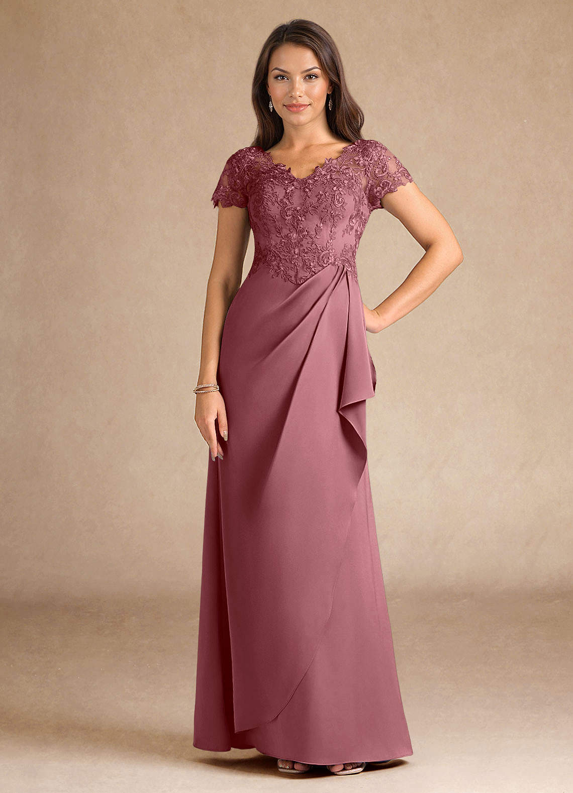 Azazie Santa Ana Mother of the Bride Dresses Desert Rose A-Line Lace Stretch Satin Dress image1
