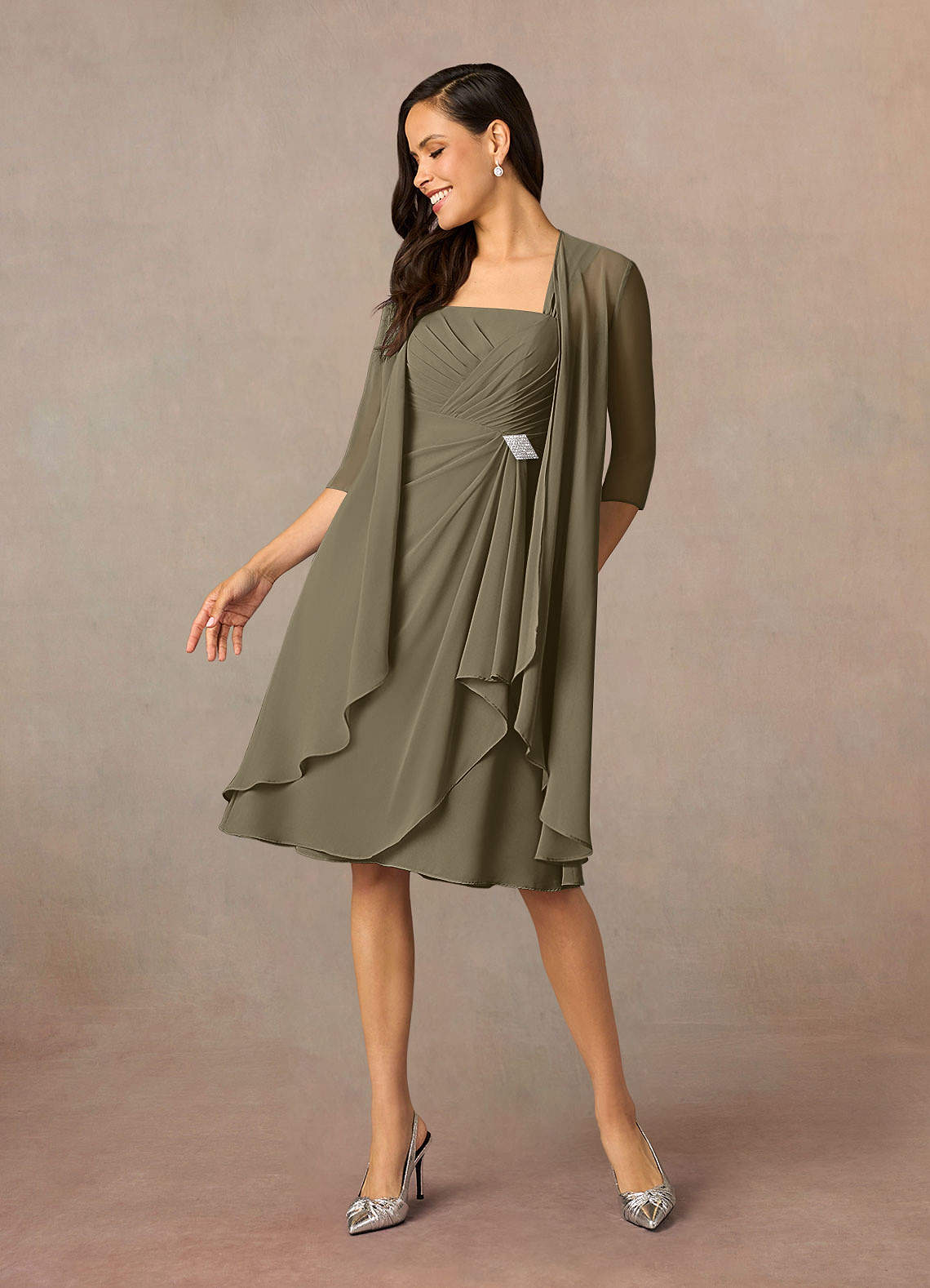 Azazie A-Line/Princess Square Neck Knee-Length Chiffon Mother of the Bride or Groom Dresses - Willow Green