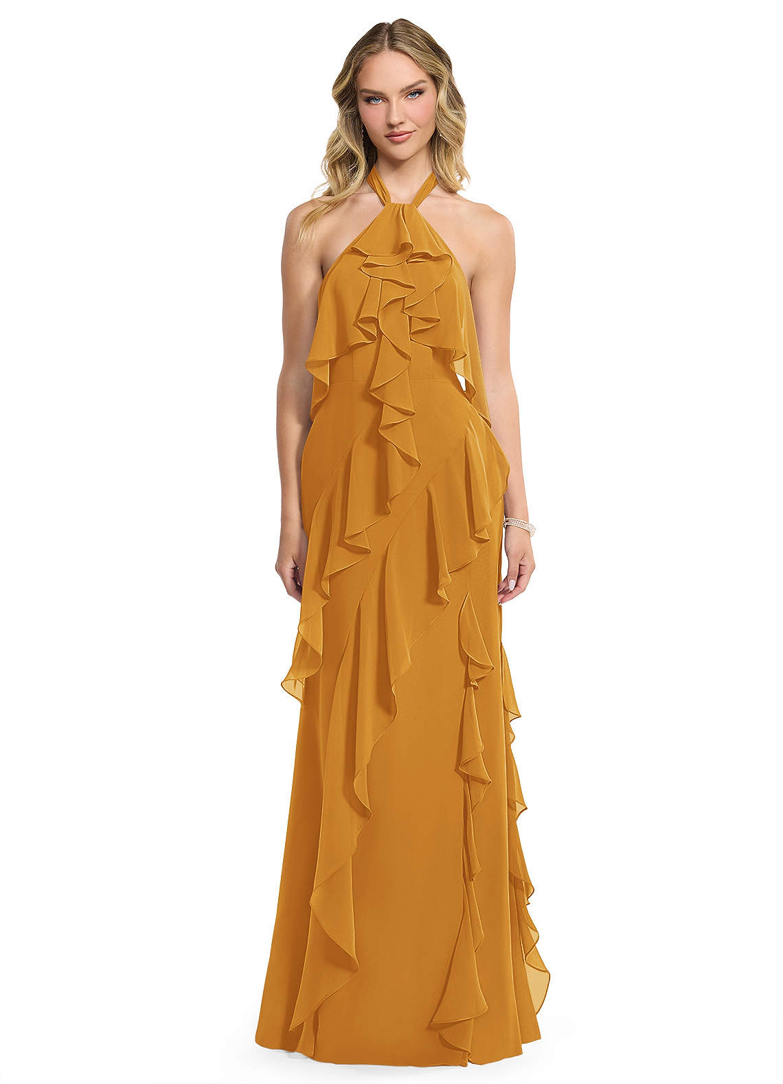 Azazie Velma Bridesmaid Dresses Butterscotch A-Line Side Slit Chiffon Dress image1