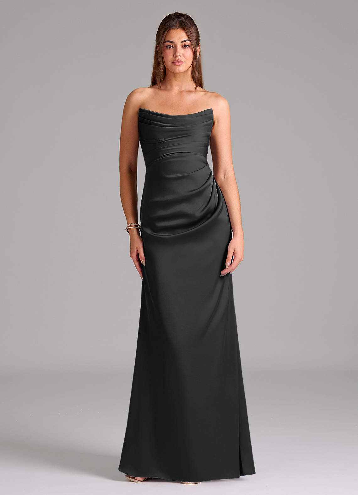 Azazie Lucille Vestidos de damas de honor Vestido de Negro de Satén Elástico de Corte Sirena Convertible con Sin tirantes image1