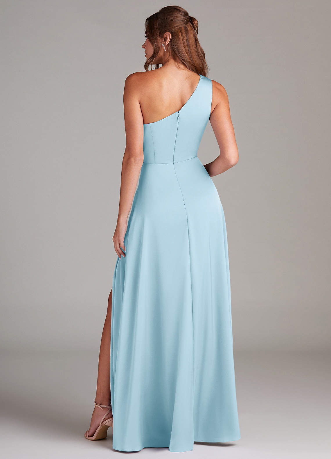 Azazie Brooke Bridesmaid Dresses Sky Blue A-Line One Shoulder Stretch Satin Dress image6