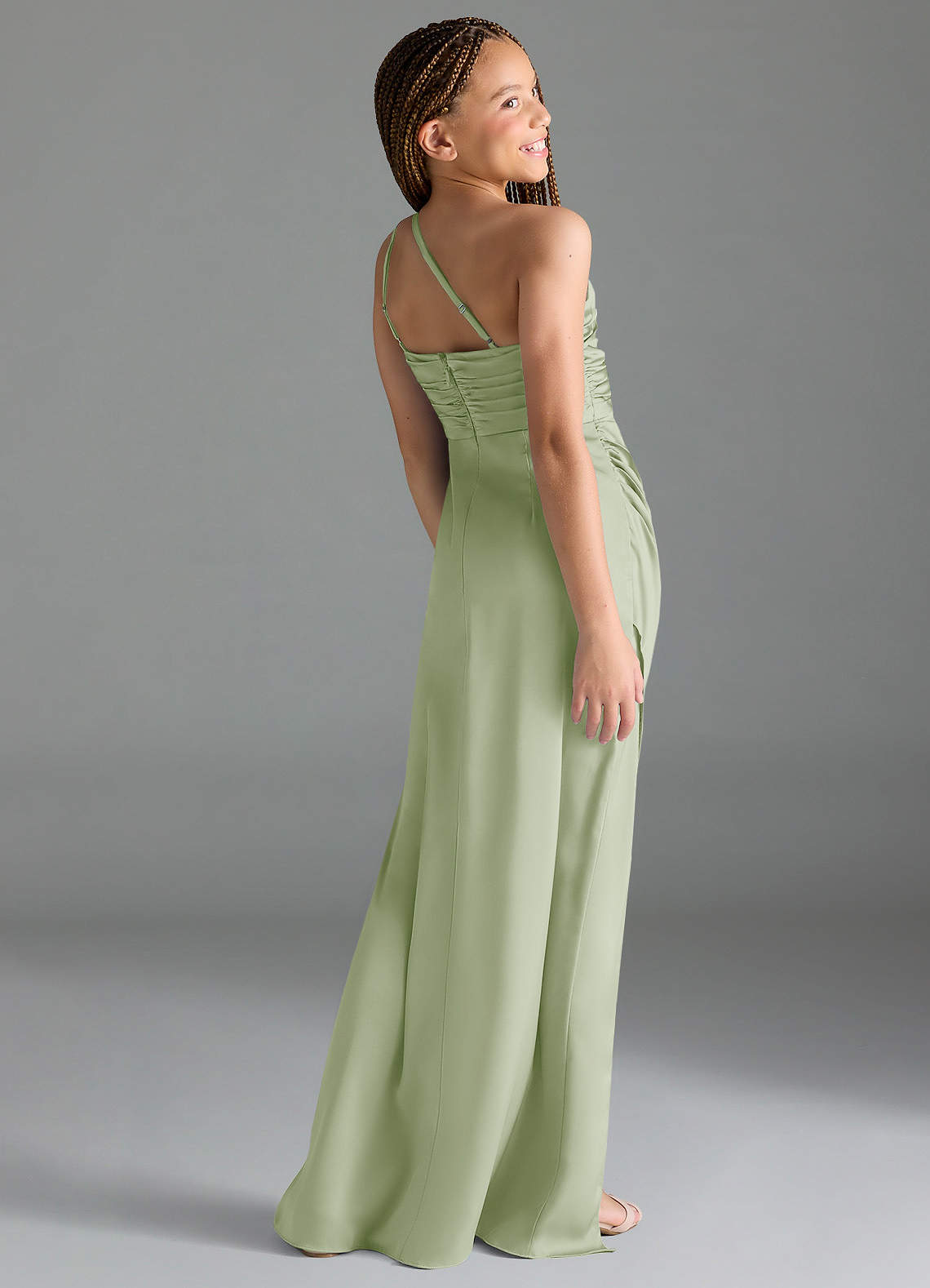 Azazie Eren Junior Dusty Sage Sheath Pleated Stretch Satin Dress image4