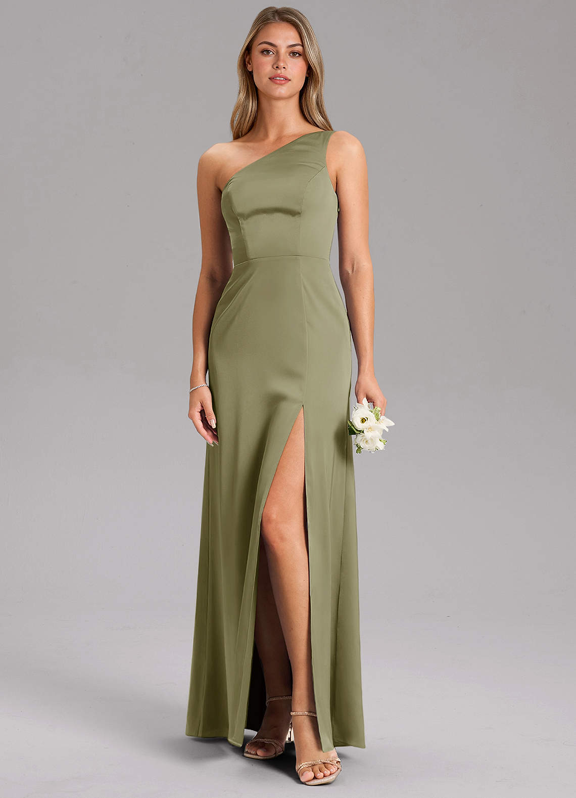 Azazie Phaedra Vestidos de damas de honor Vestido de Pistacho de Satén Elástico de Corte en A con Hombro unilateral image2