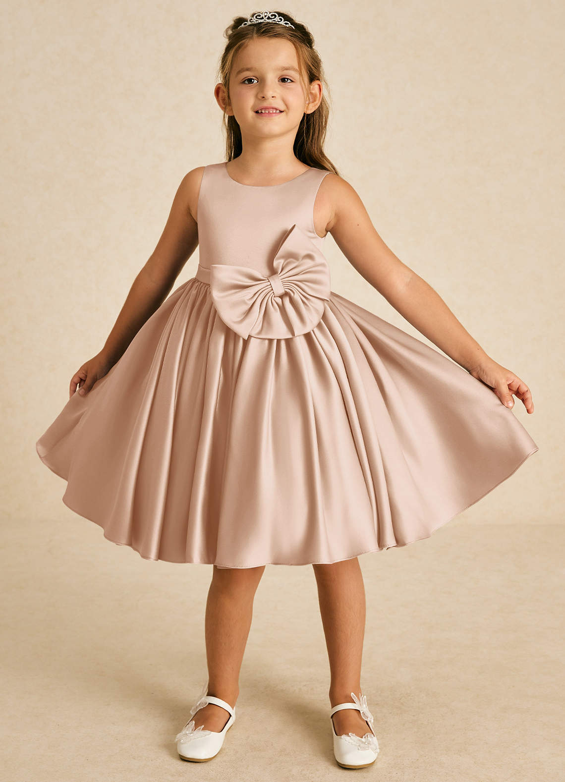 Azazie Apple Flower Girl Dresses English Rose A-Line Bow Matte Satin Dress image1