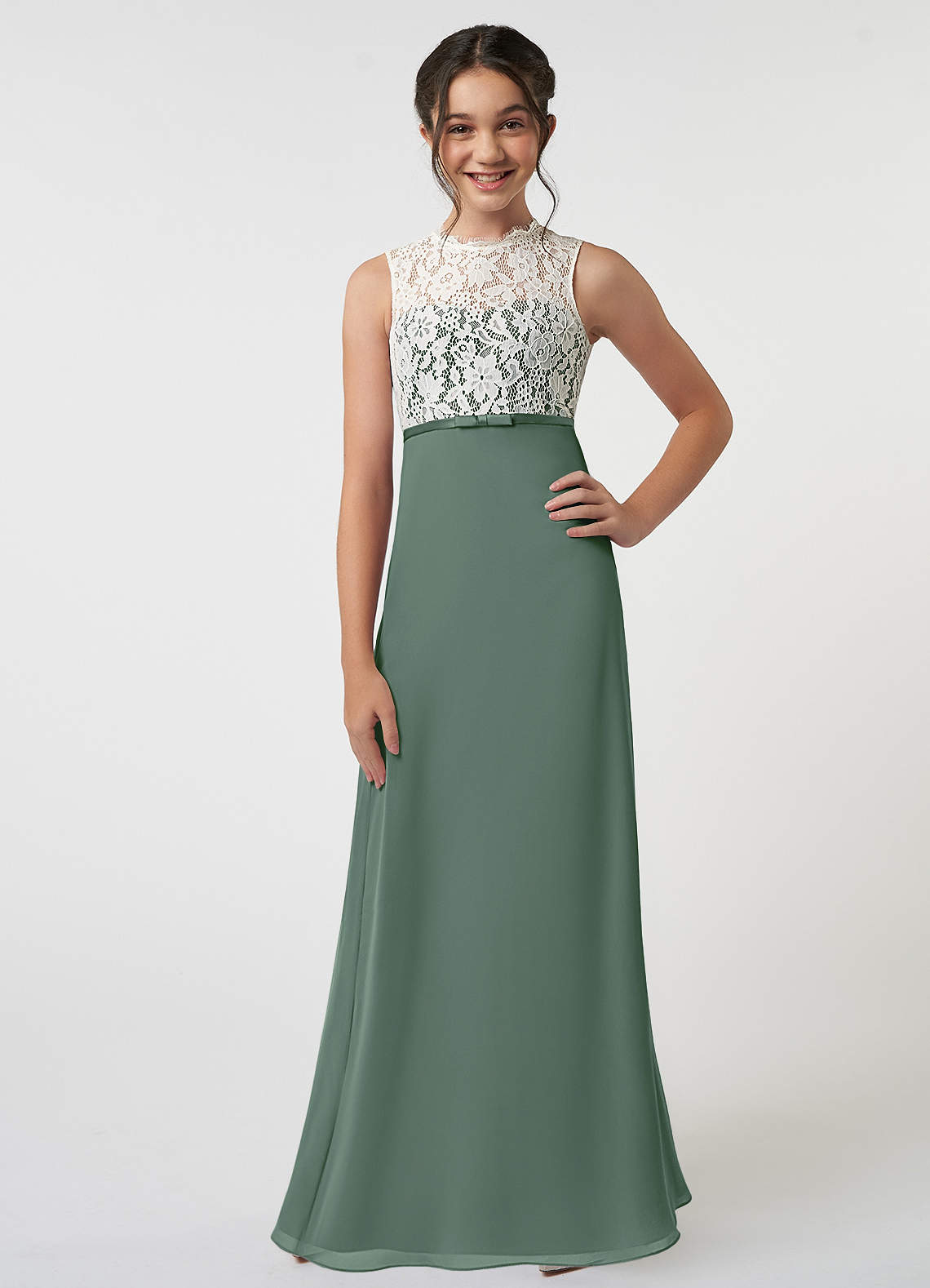 Azazie Rana Junior Eucalyptus A-Line Lace Chiffon Dress image1
