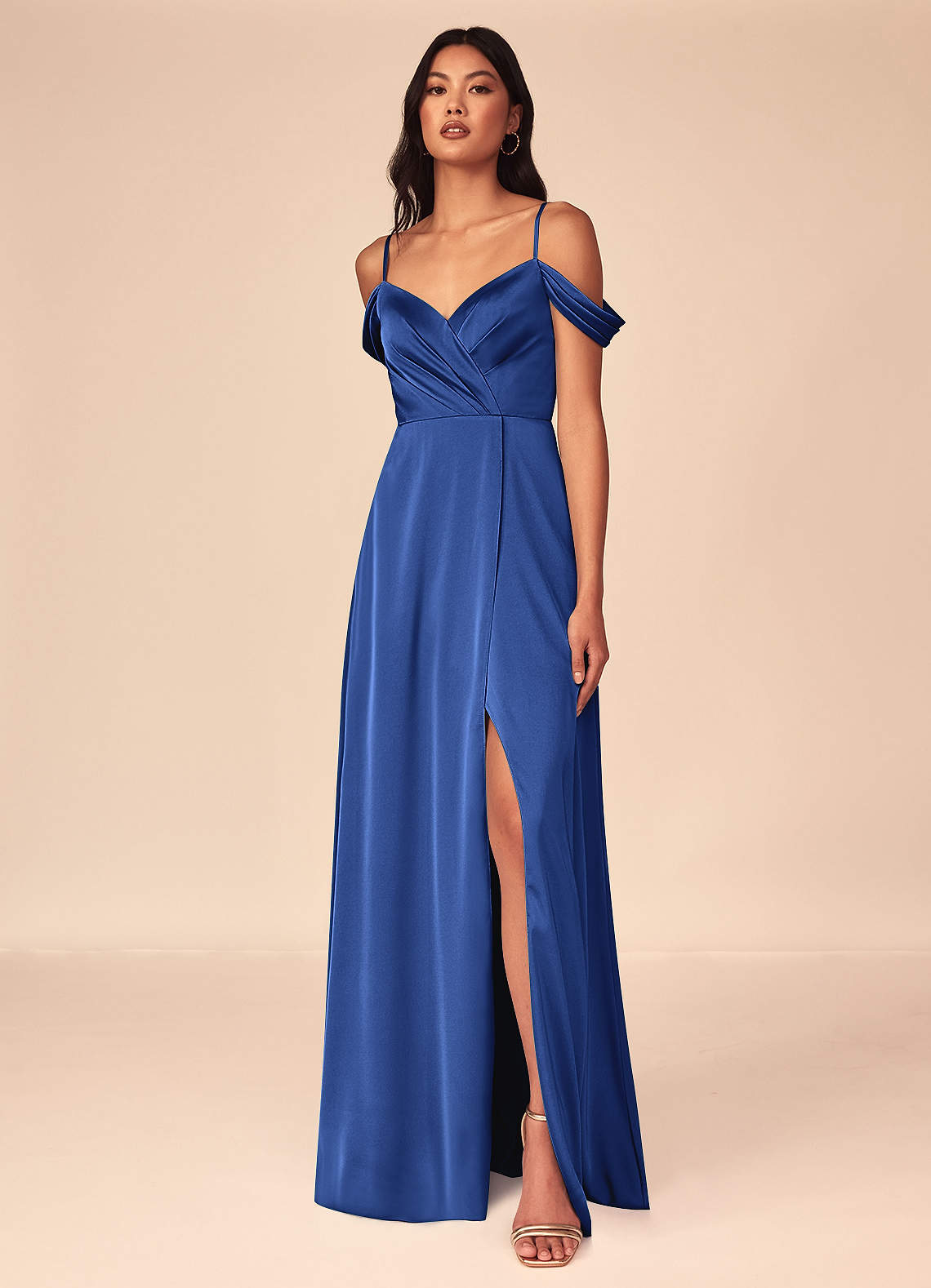 Azazie Ocean Bridesmaid Dresses Royal Blue A-Line V-Neck Pleated Stretch Satin Dress image1