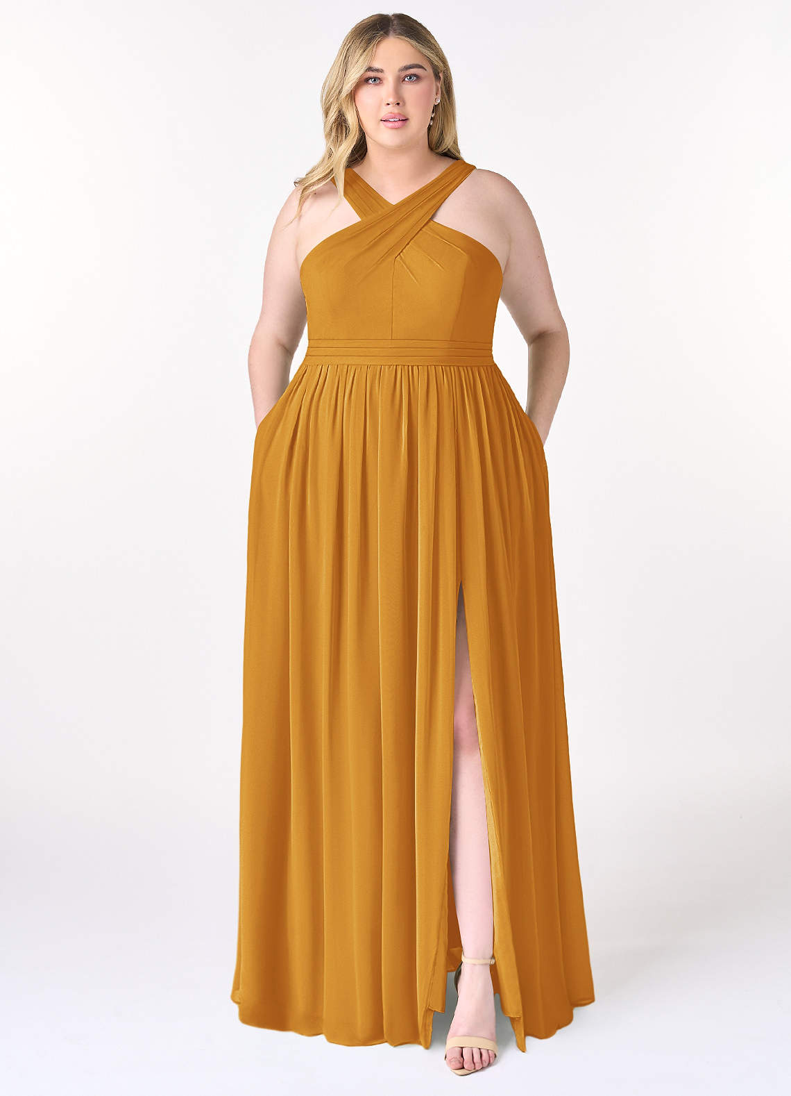 Azazie Elvira Bridesmaid Dresses Butterscotch A-Line Pleated Chiffon Dress image1