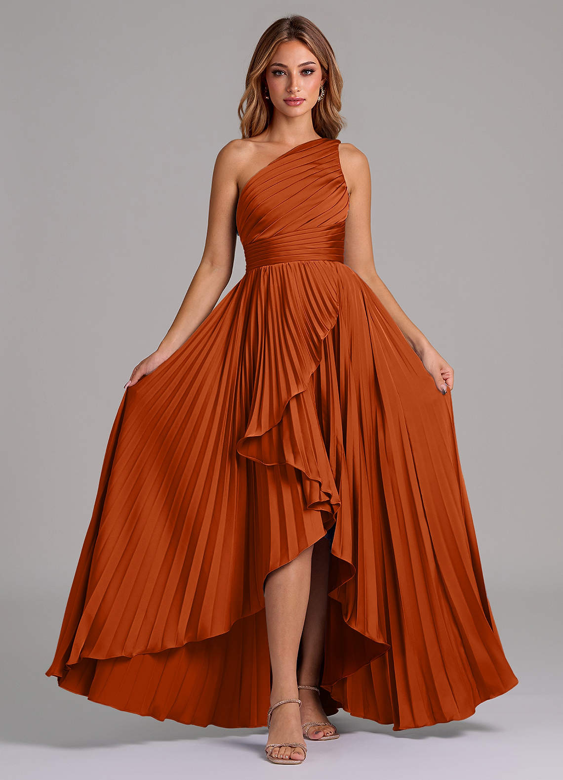 Azazie Lyrica Bridesmaid Dresses Burnt Orange A-Line One Shoulder Stretch Satin Dress image5