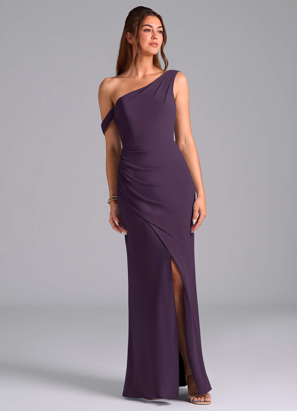 Azazie Madelyn Bridesmaid Dresses Plum Mermaid Off the Shoulder Chiffon Convertible Dress image1