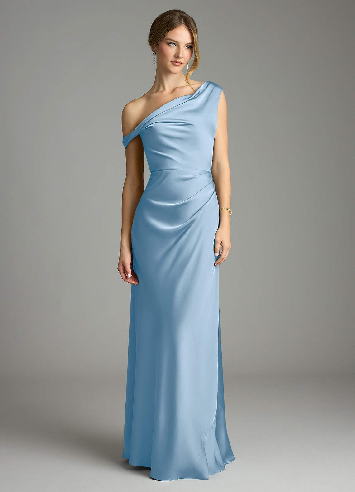 Azazie Emerson Bridesmaid Dresses Powder Blue Mermaid Off the Shoulder Stretch Satin Dress image2