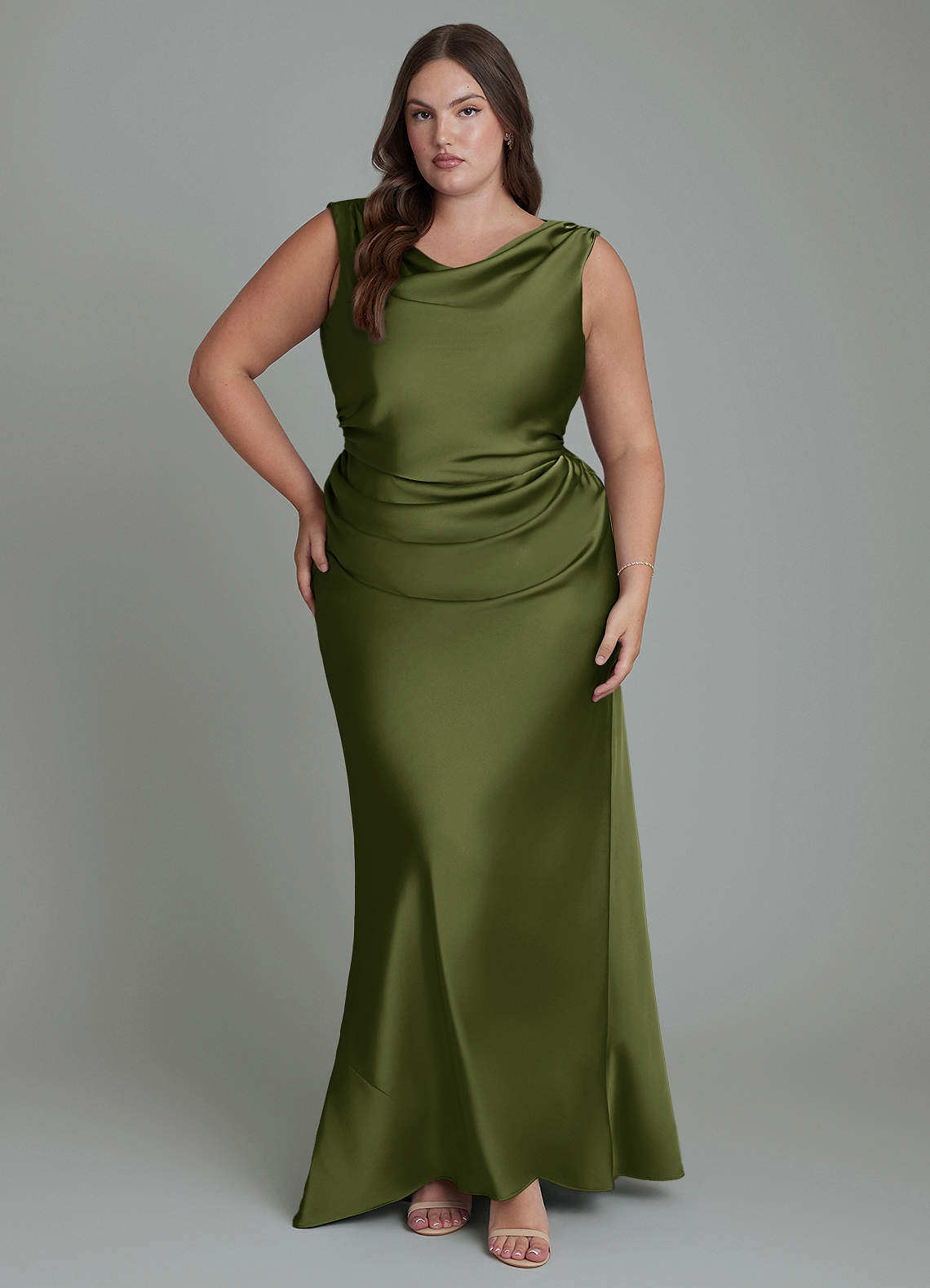 Azazie Kieryn Bridesmaid Dresses Olive Mermaid Pleated Stretch Satin Dress image1