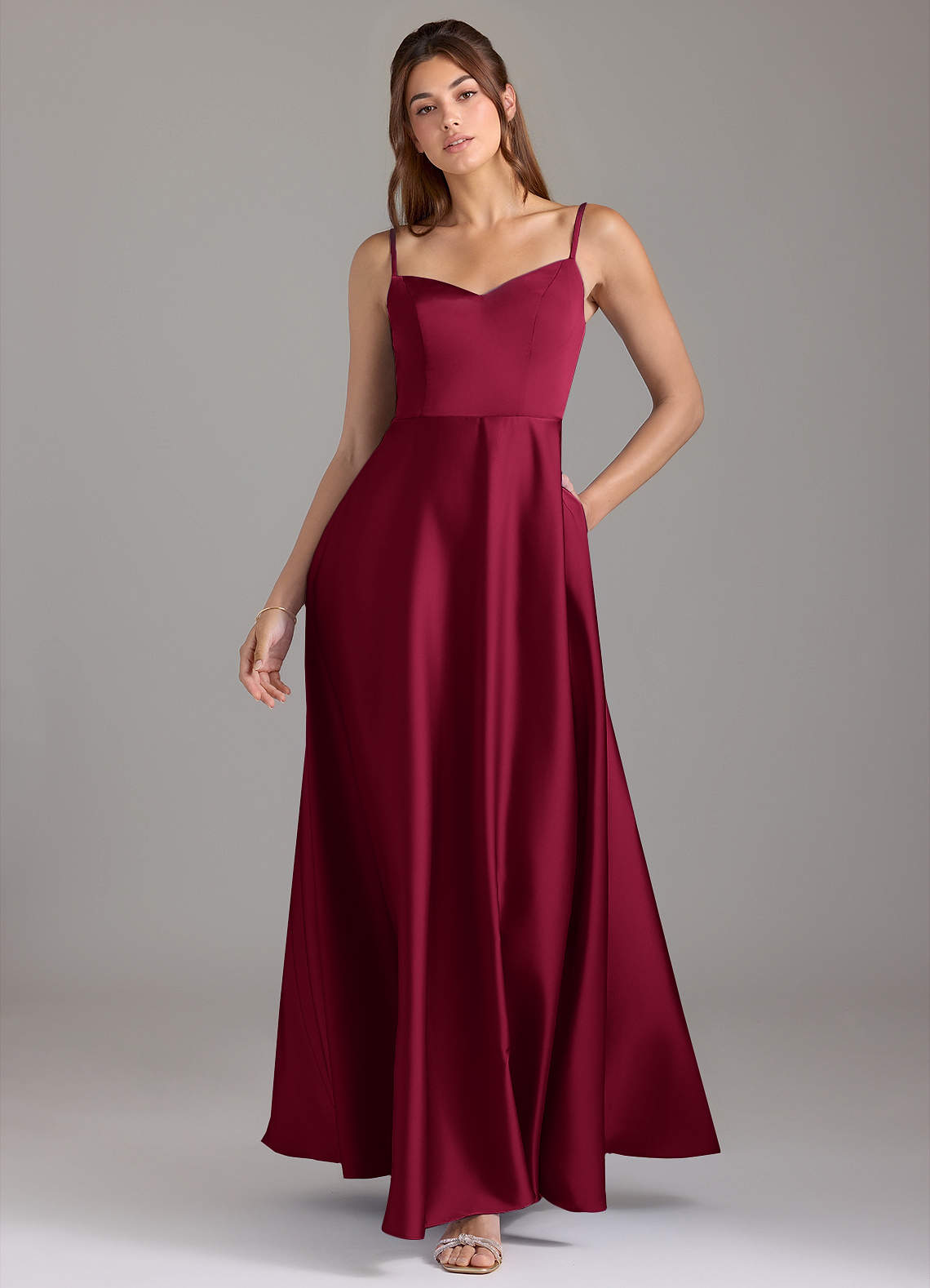 Azazie Marley Bridesmaid Dresses Burgundy A-Line Off the Shoulder Stretch Satin Convertible Dress image1
