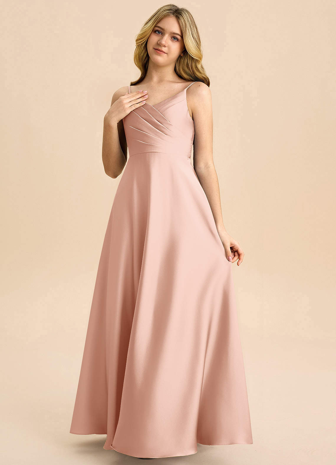 Azazie Bug Junior Robe Trapèze en Satin extensible Plissée Or Rose image2