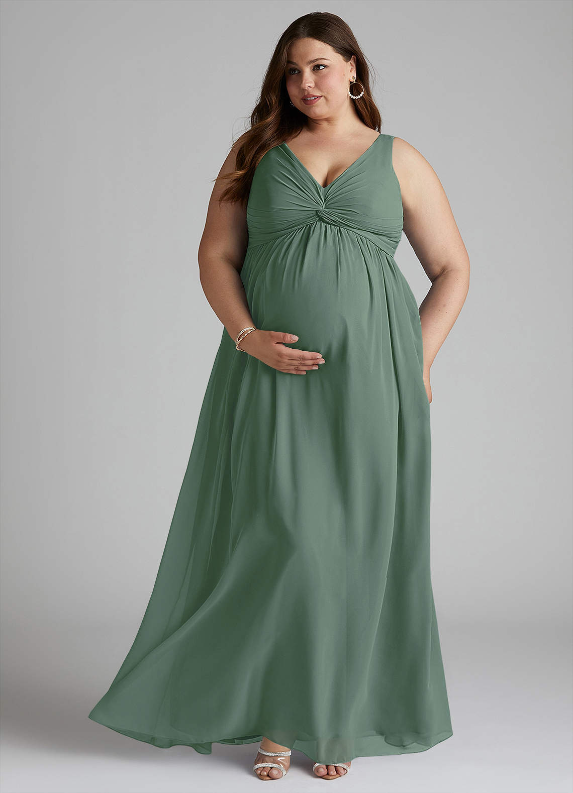 Azazie Yetta Maternity Bridesmaid Dresses A-Line V-Neck Gathered Chiffon Floor-Length Dress image6
