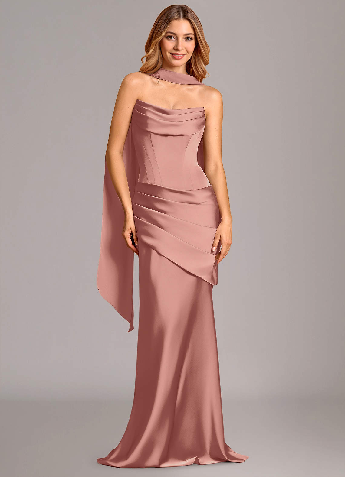 Azazie Pelagia Bridesmaid Dresses Rosette Mermaid Corset Stretch Satin Convertible Dress image1