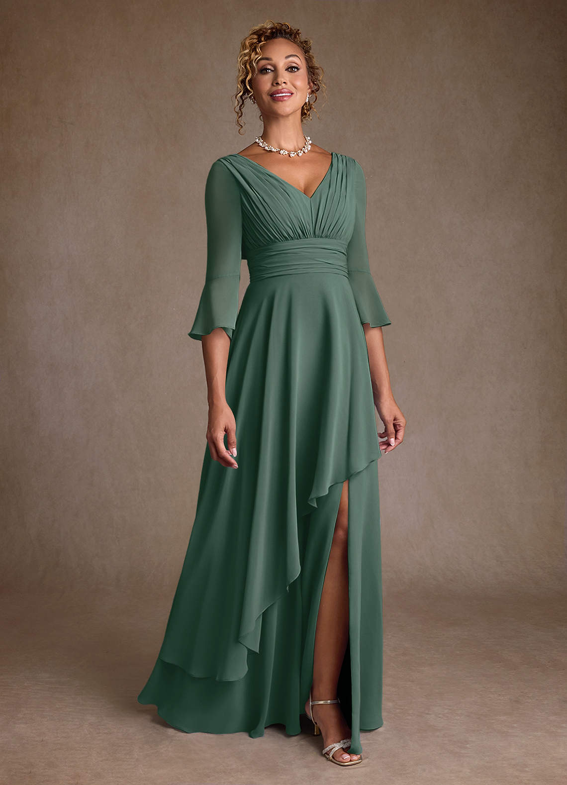 Azazie Eire Abiti per la Madre della Sposa Abito A-Line in Chiffon Plissettato Muschio Marino image1