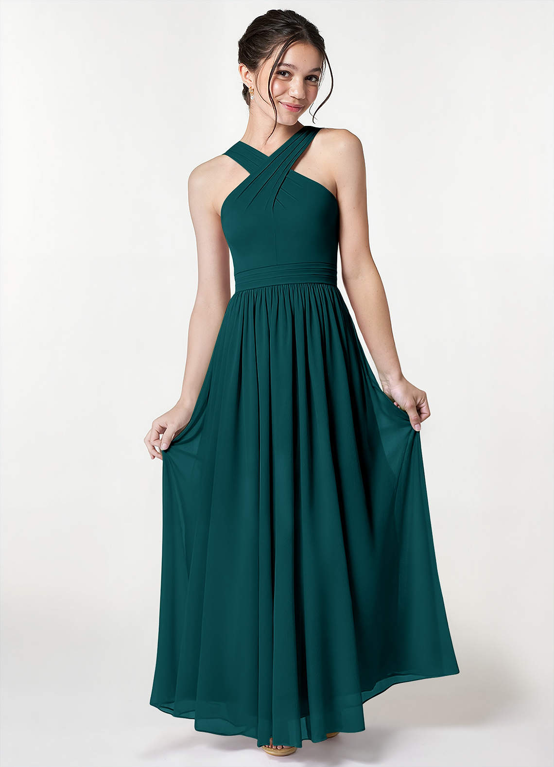 Azazie Jiya Junior Peacock A-Line Pleated Mesh Dress image1