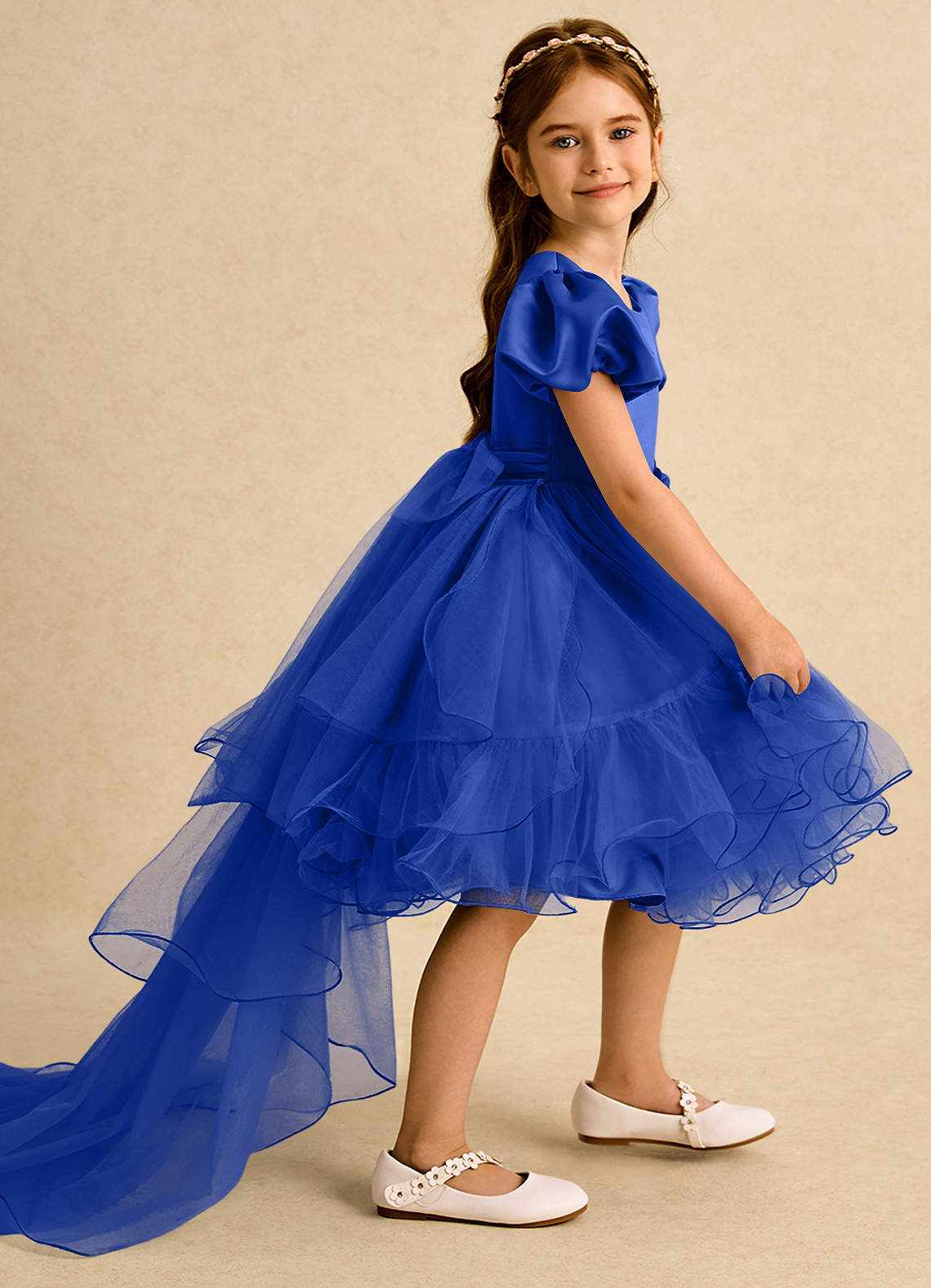 Azazie Cocoa Flower Girl Dresses Royal Blue Ball-Gown Pleated Tulle Dress image1