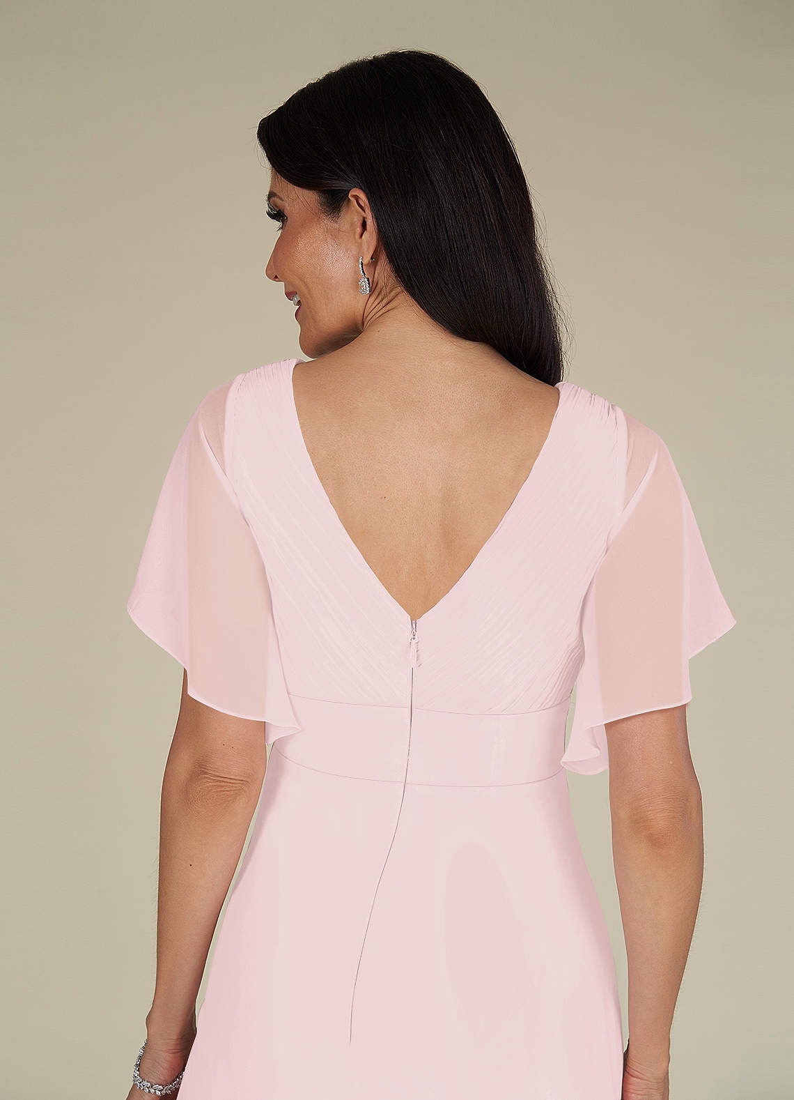 A-line V-Neck Long Sleeve Chiffon Dress Blushing Pink
