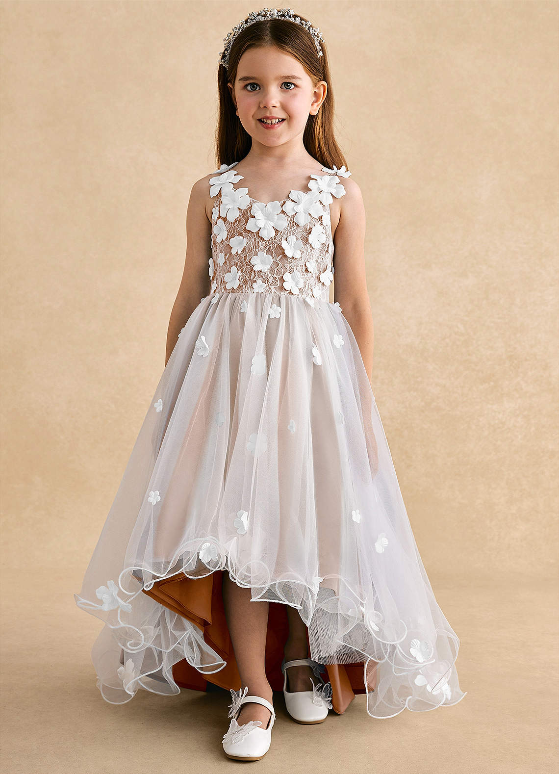 Azazie Celia Flower Girl Dresses Champagne Rose A-Line Lace Tulle Dress image6