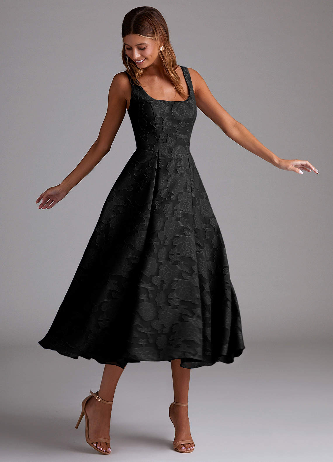Azazie Amalie Bridesmaid Dresses Black A-Line Pleated Floral Burnout Dress image2