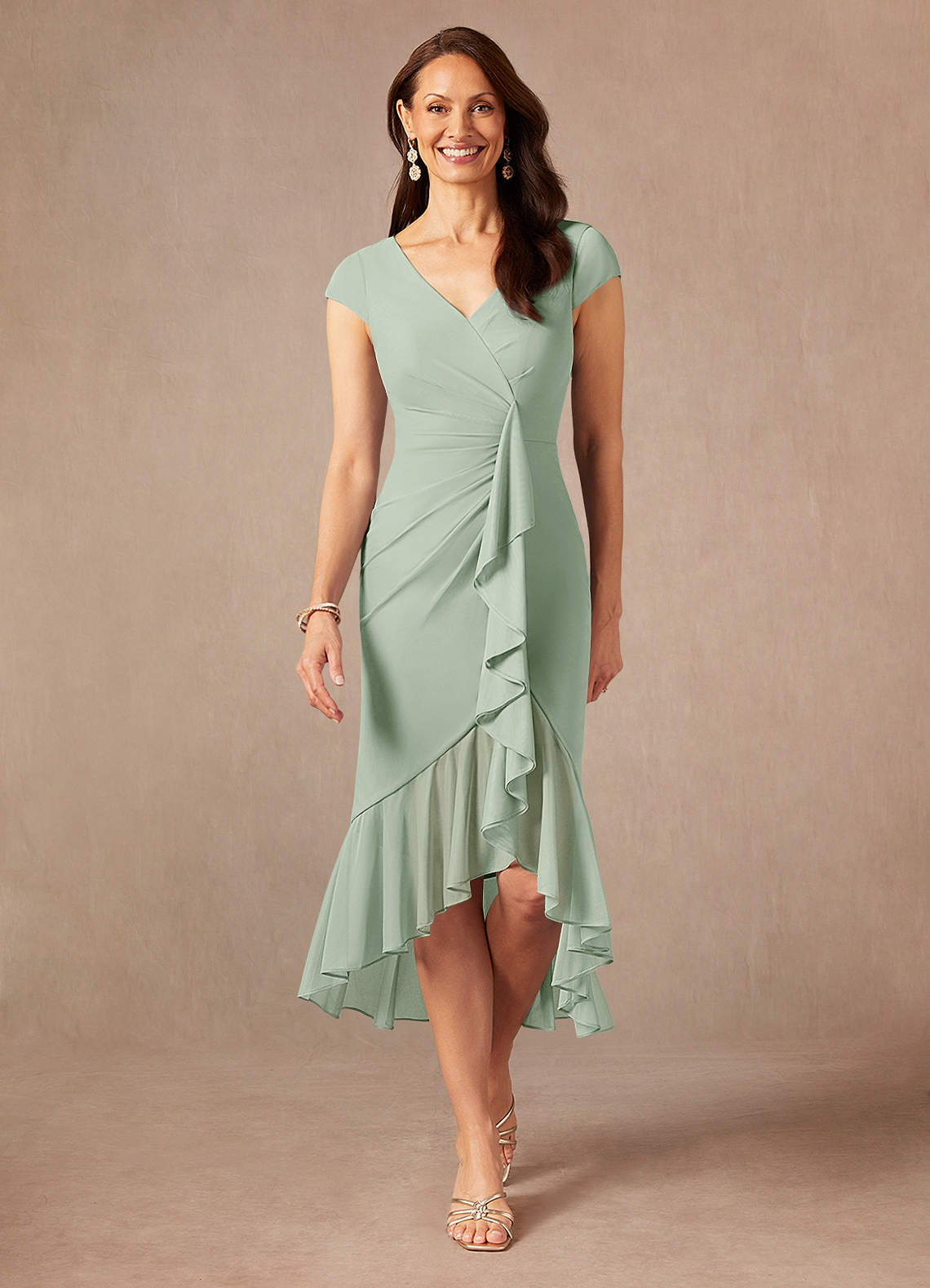 Azazie Renetta Mother of the Bride Dresses Dusty Sage Sheath V-Neck Pleated Mesh Dress image1