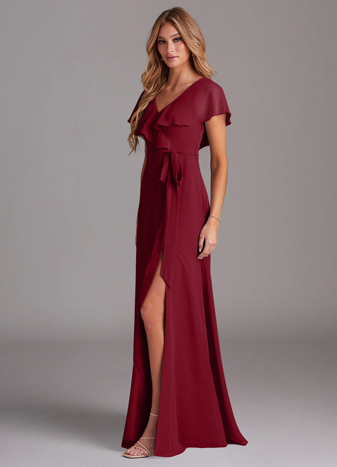 Azazie A-Line V-Neck Floor-Length Chiffon Bridesmaid Dresses - Burgundy