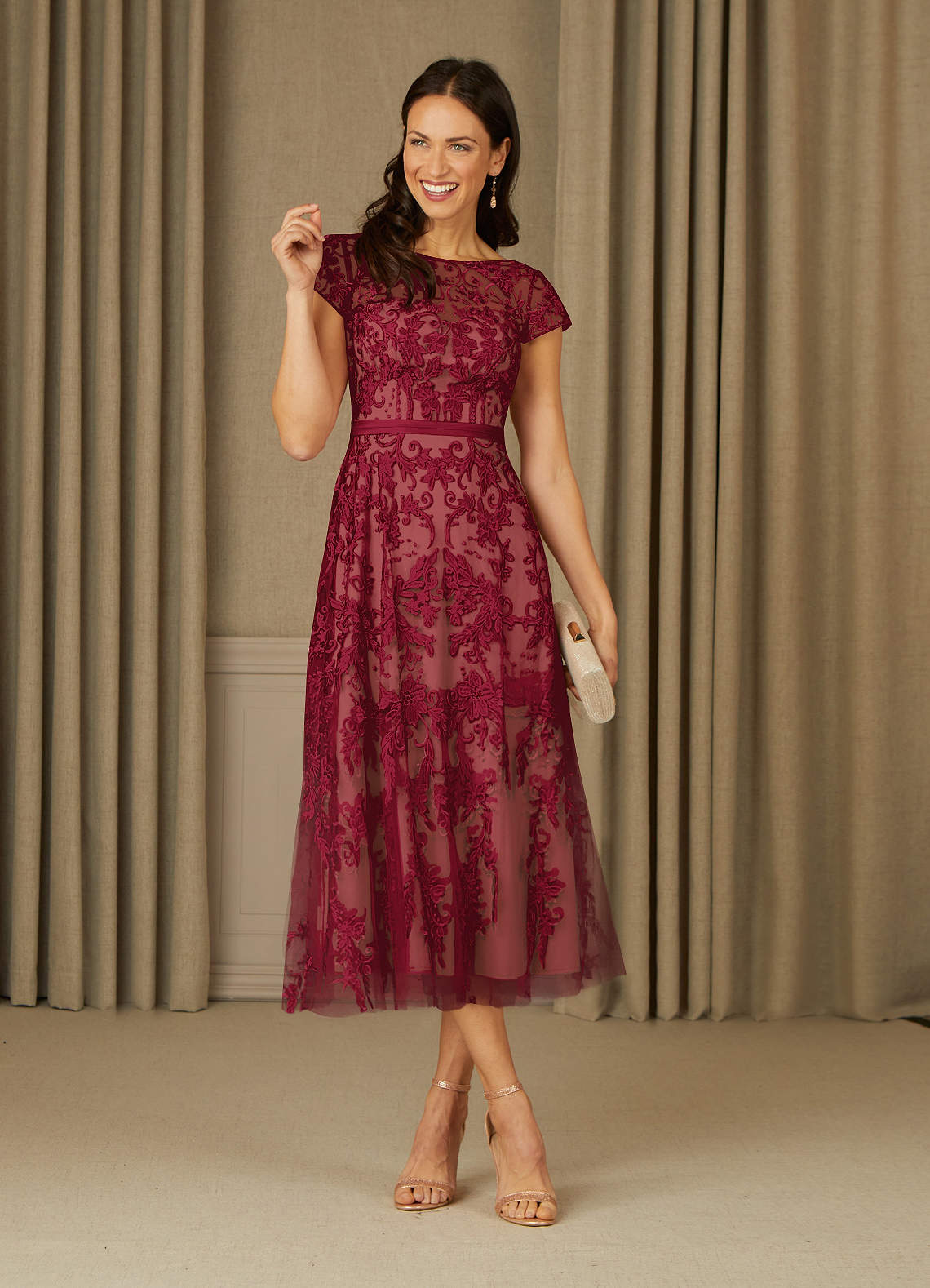 Azazie Sanna At-home Try On Dresses Burgundy Champagne A-Line Scoop Lace Tulle Dress image1