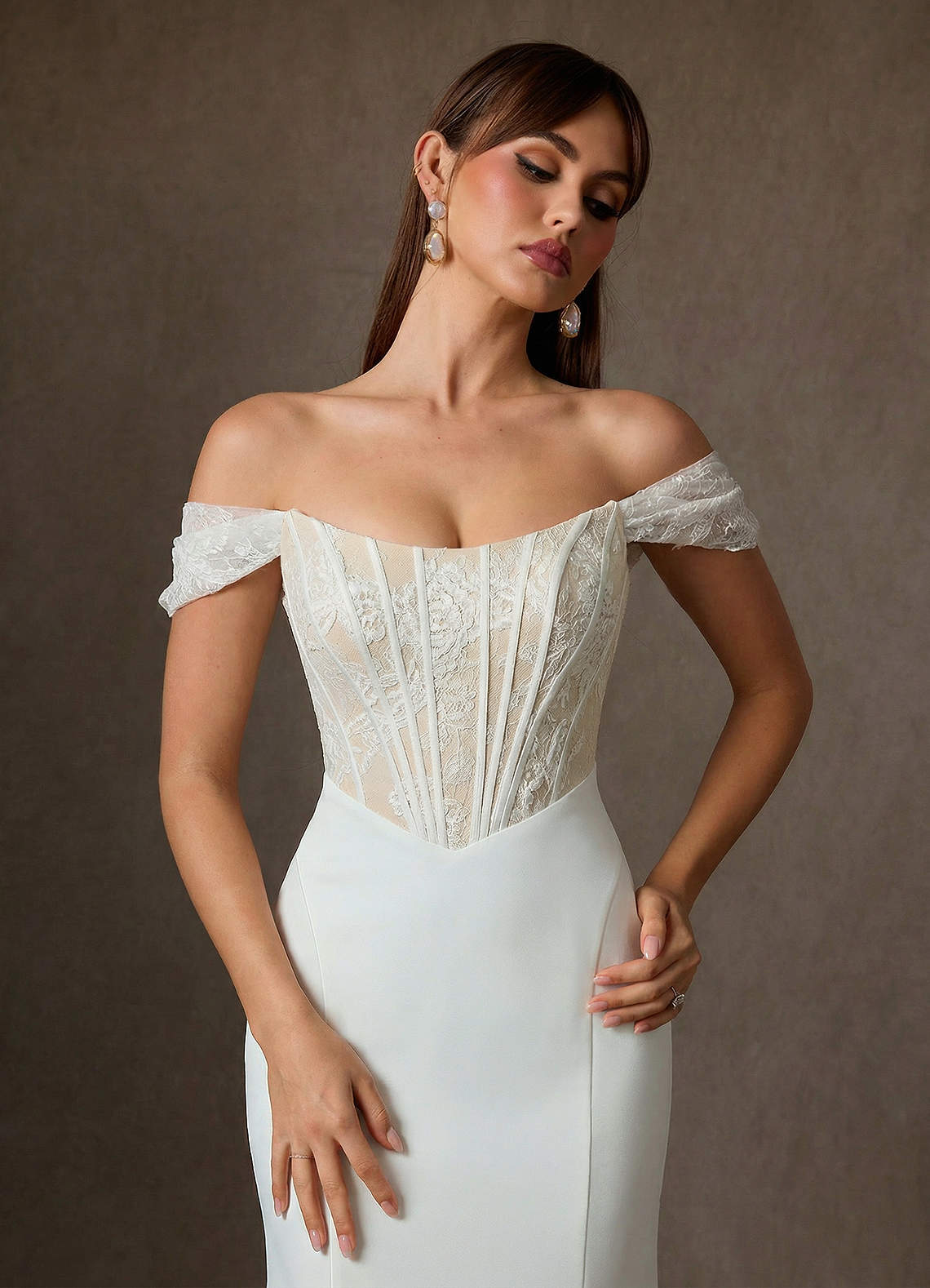 Azazie Yamelle At-home Try On Dresses Diamond White Champagne Mermaid Off the Shoulder Satin Dress image6