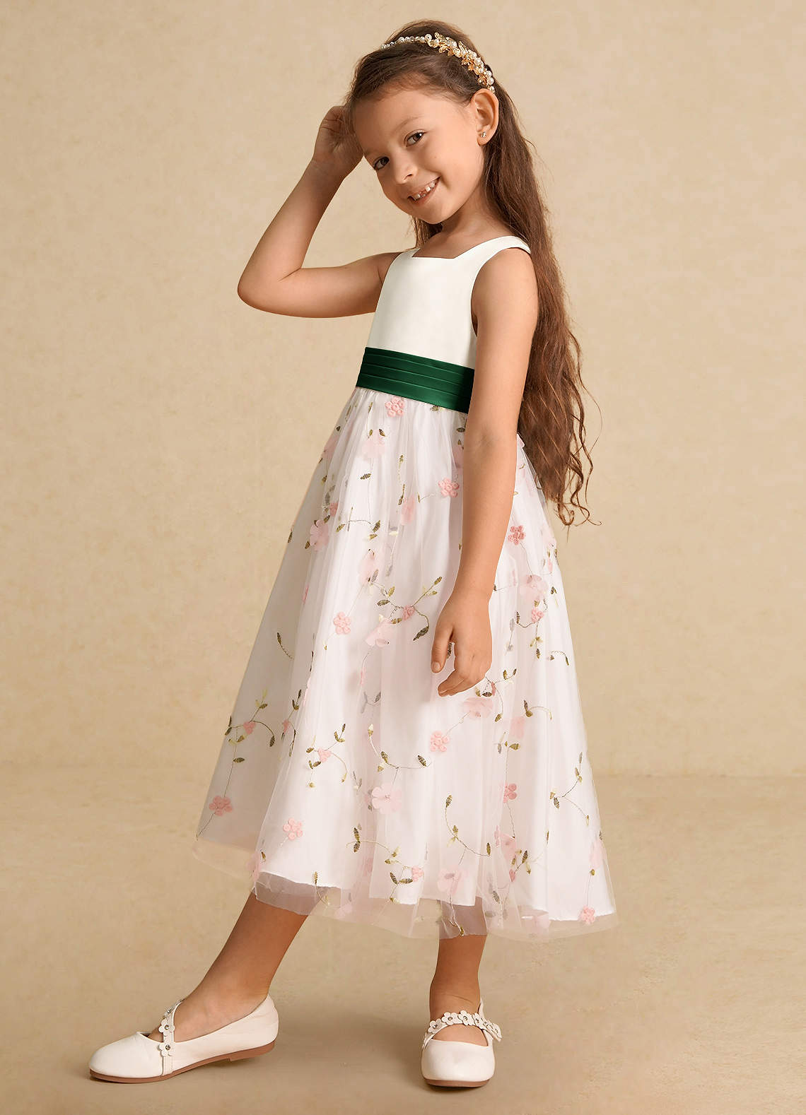 Azazie Pollie Flower Girl Dresses Blushing Pink Dark Green A-Line Bow Tulle Dress image8