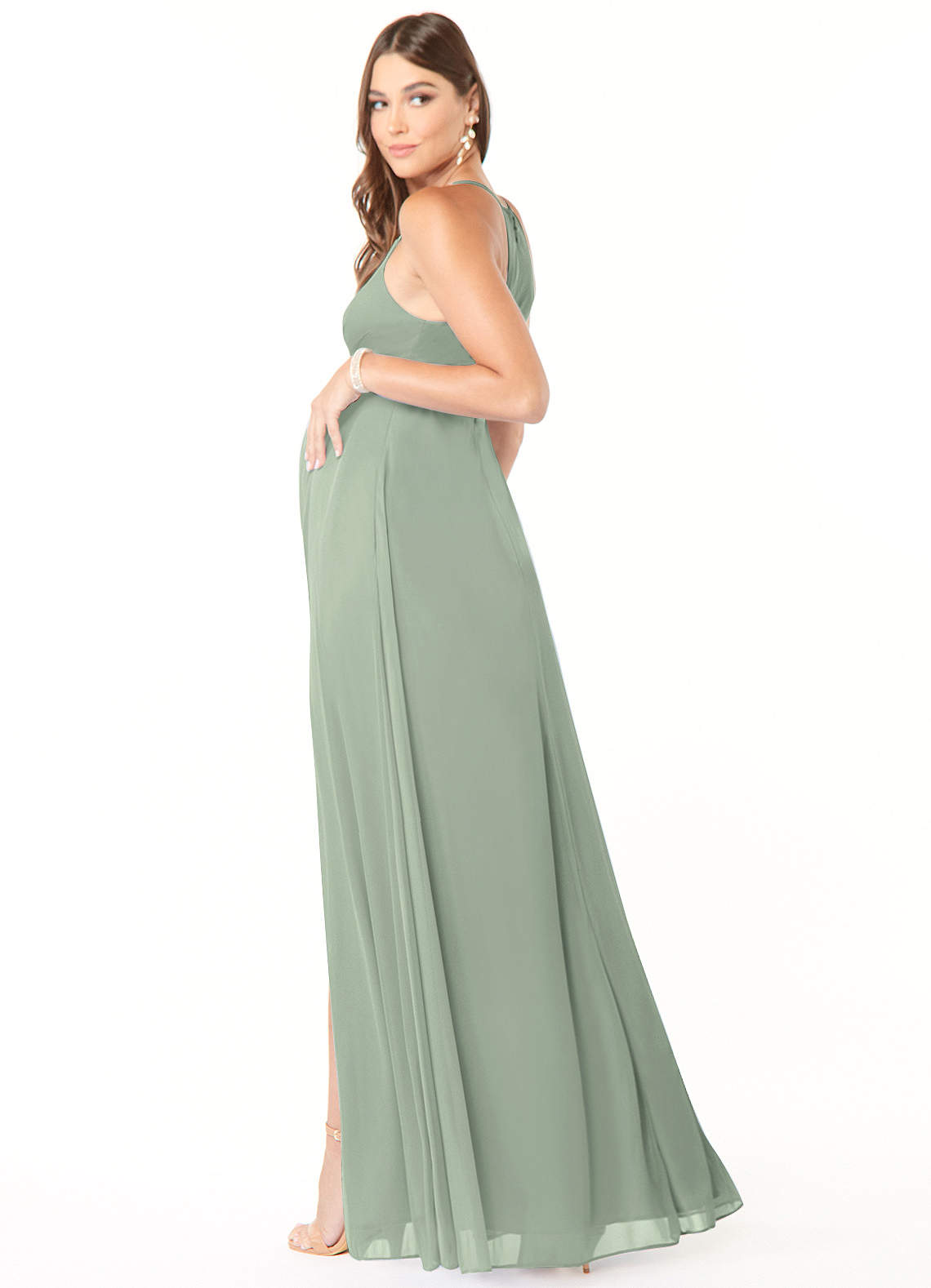 Azazie Annabelle Maternity Bridesmaid Dresses A-Line V-Neck Pleated Mesh Floor-Length Dress image4