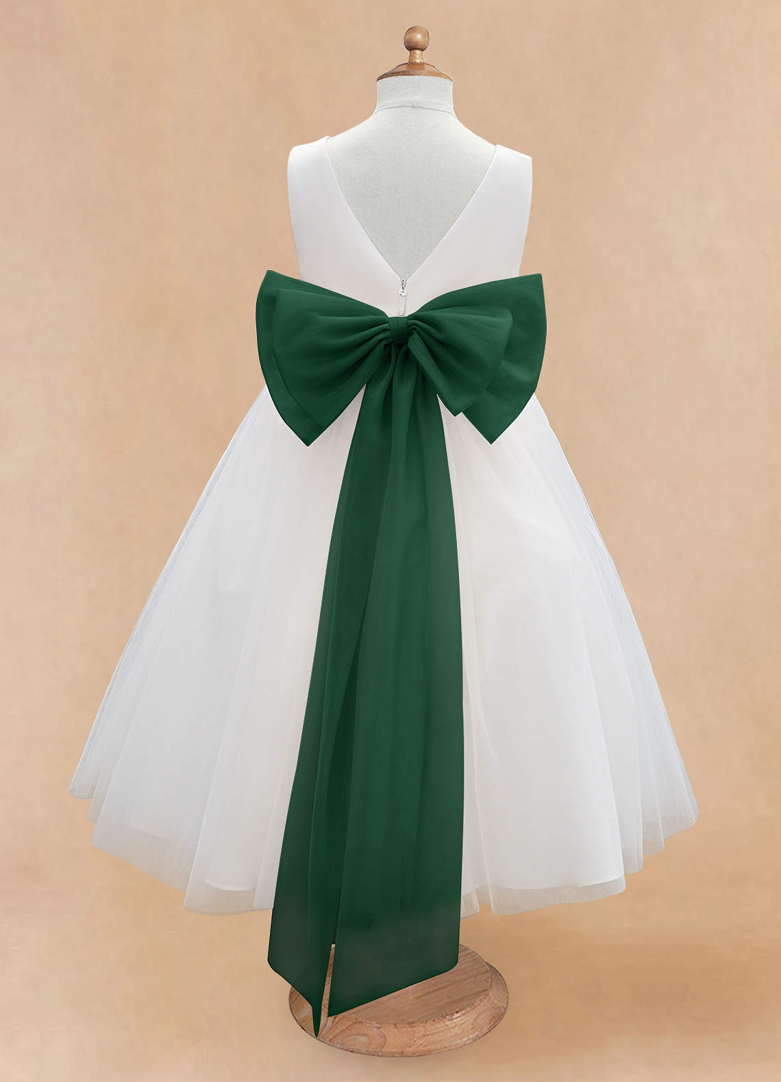 Azazie Kavi Flower Girl Dresses Ivory Dark Green A-Line Bow Matte Satin Dress image7