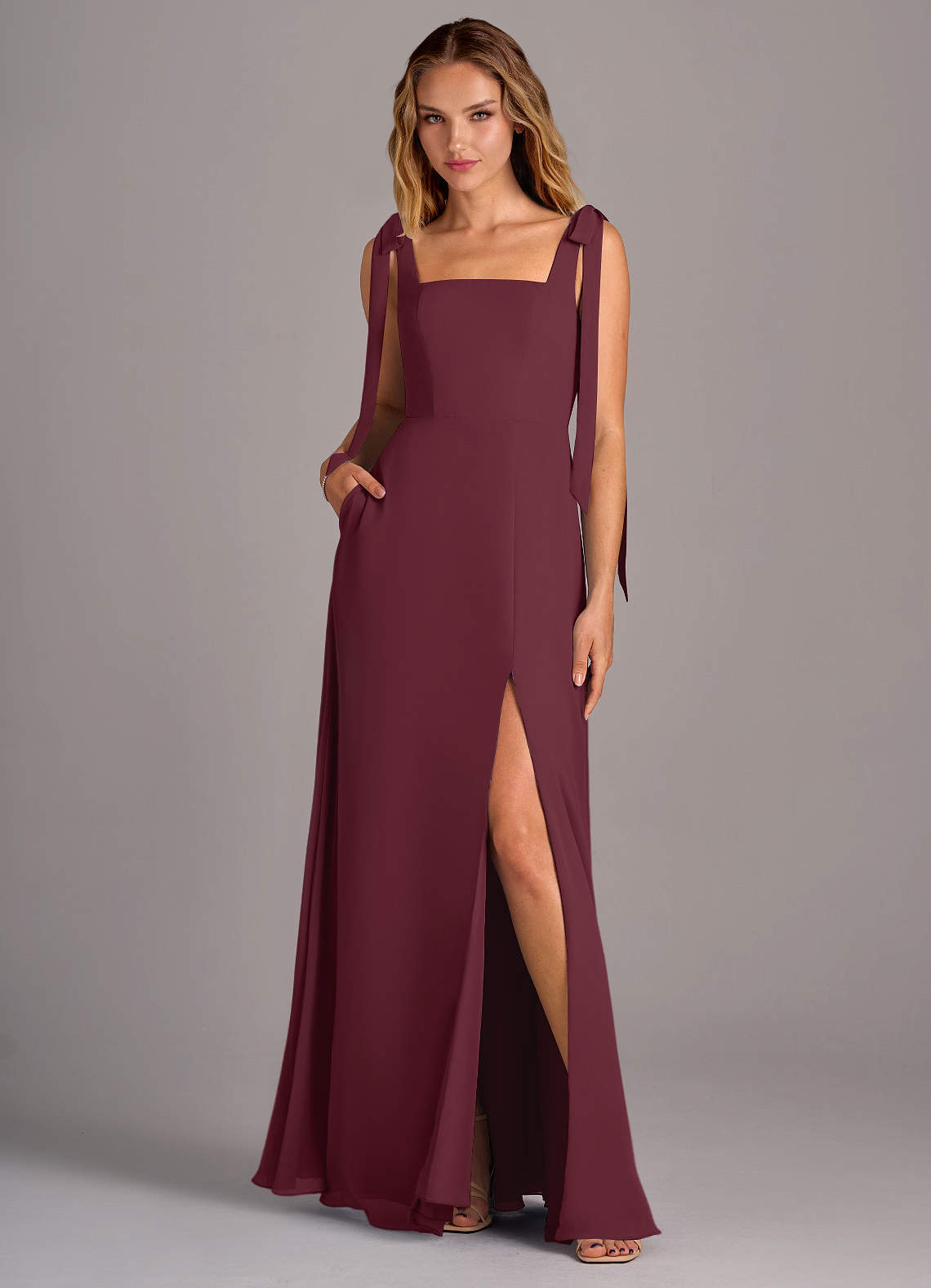 Azazie Debra Bridesmaid Dresses Cabernet A-Line with Pockets Chiffon Convertible Dress image1
